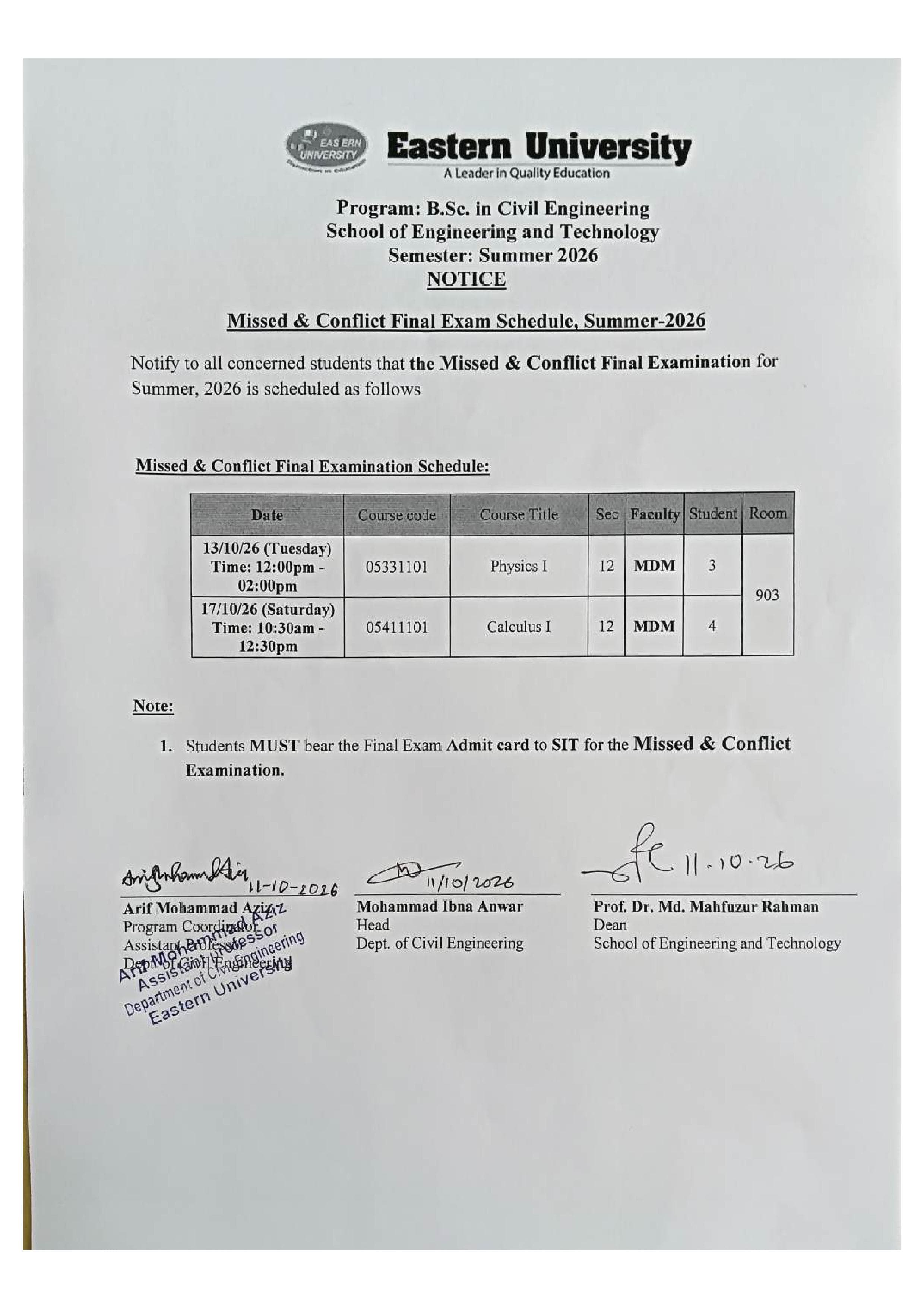 Civil Conflict & Missed Exam Routine, Summer 2026