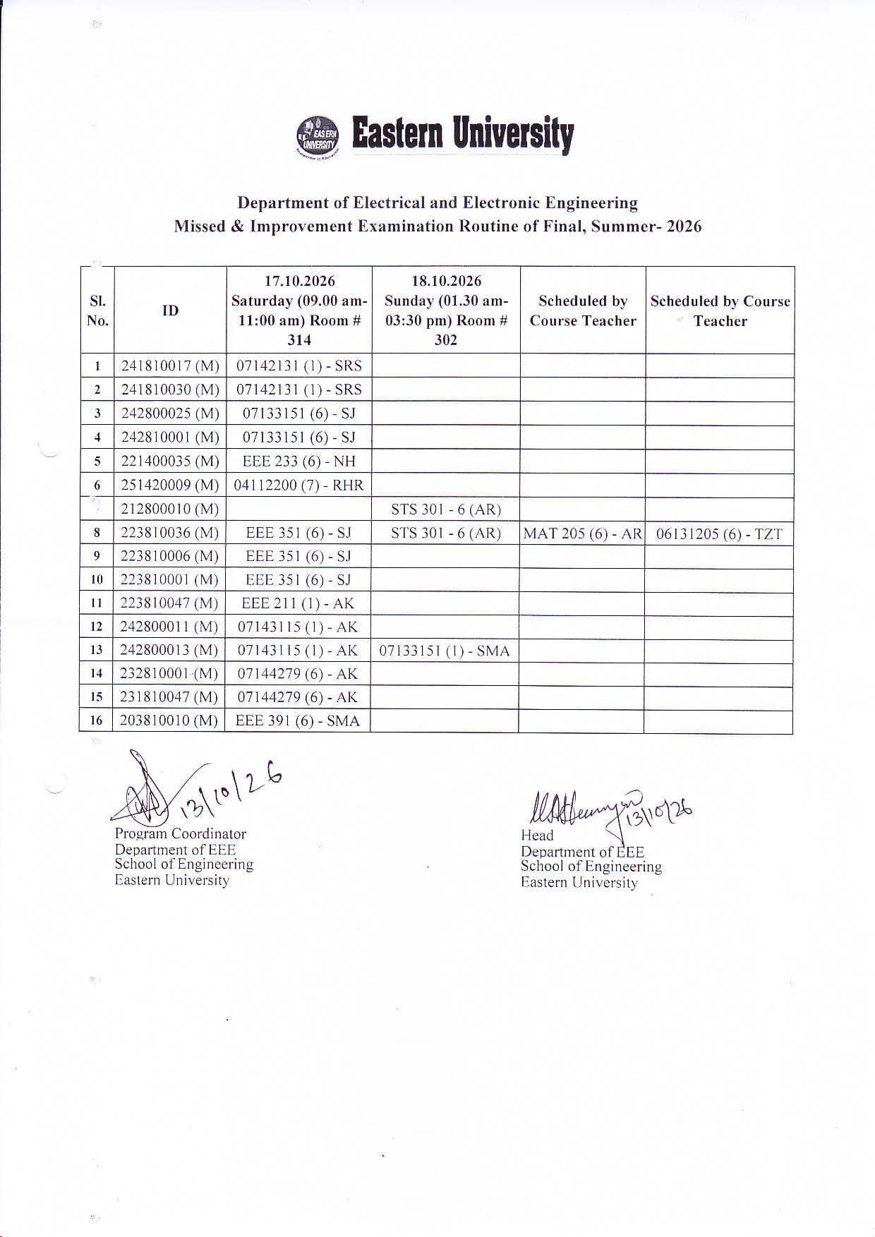 Missed & Improvement Final Examination Routine of EEE, Summer - 2026
