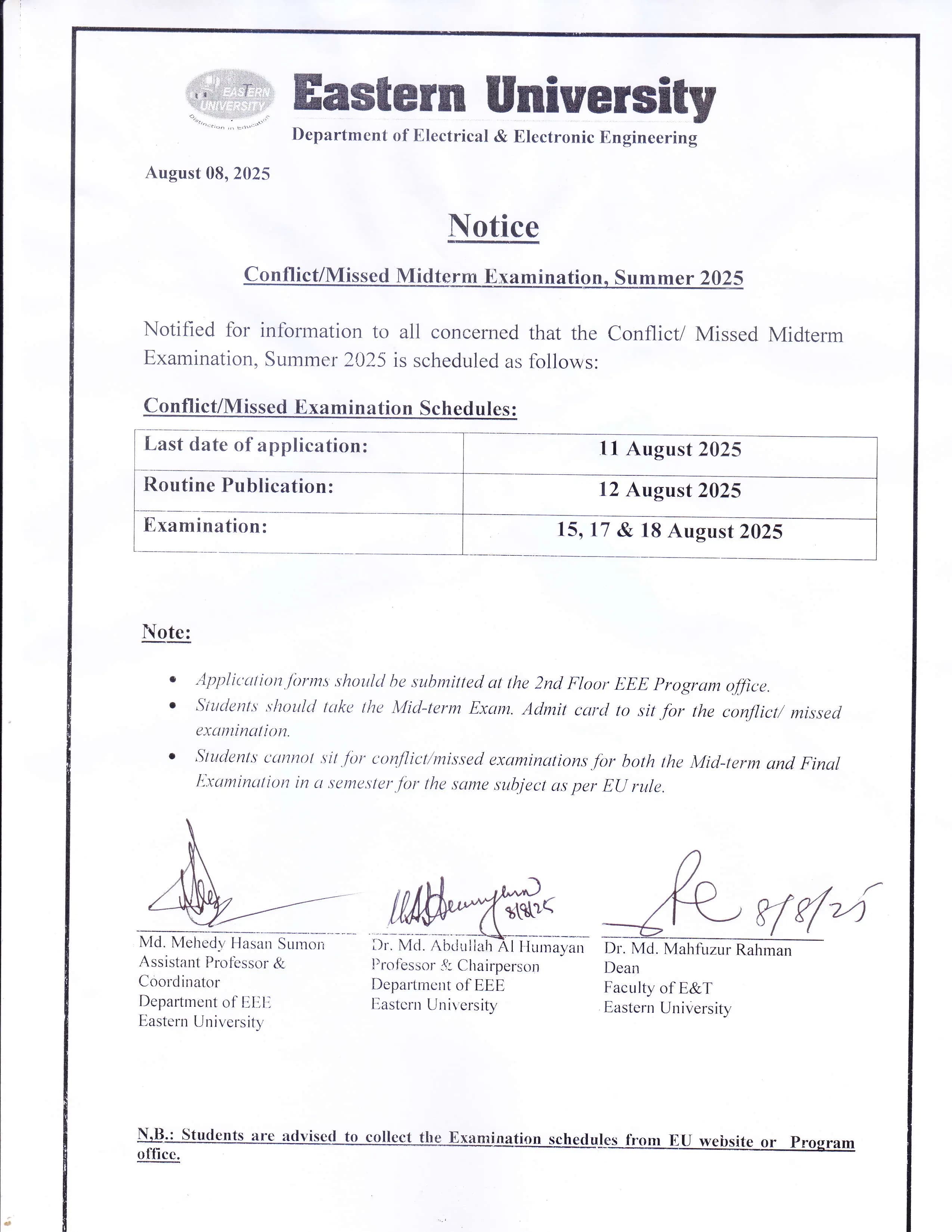 Conflict/Missed Midterm Examination-Summer 2025, Department of EEE