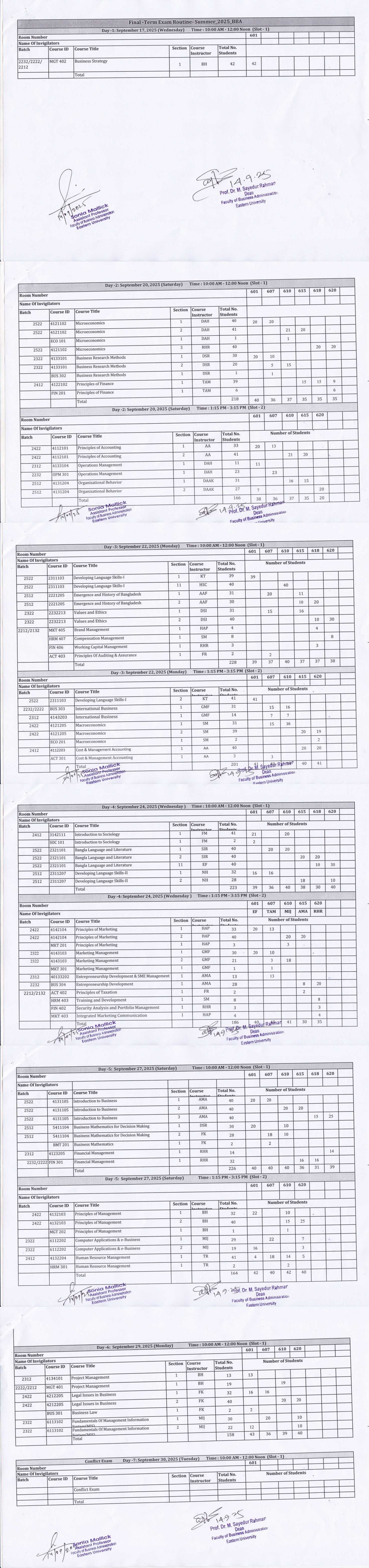 BBA Summer 2025, Final Exam Schedule