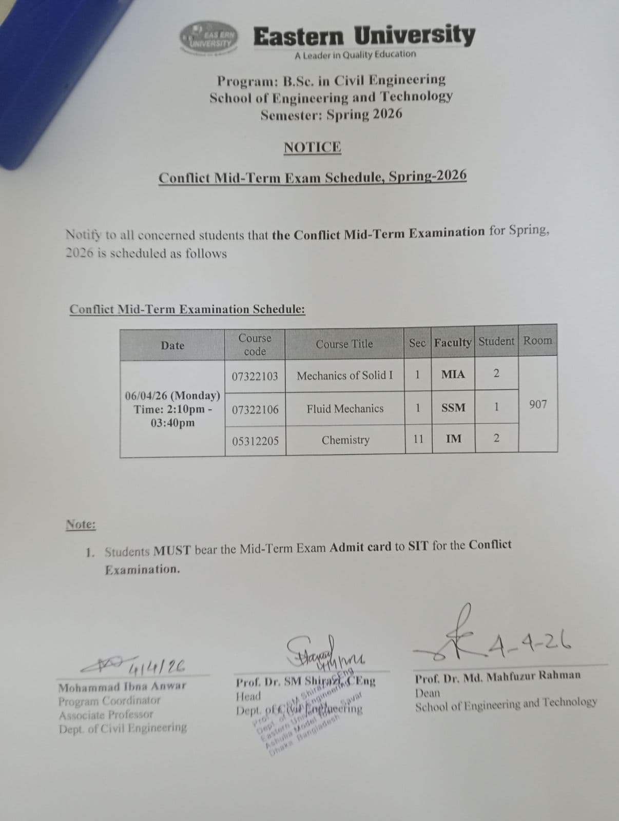 Midterm (Conflict) Exam Schedule, CE, Spring, 2026