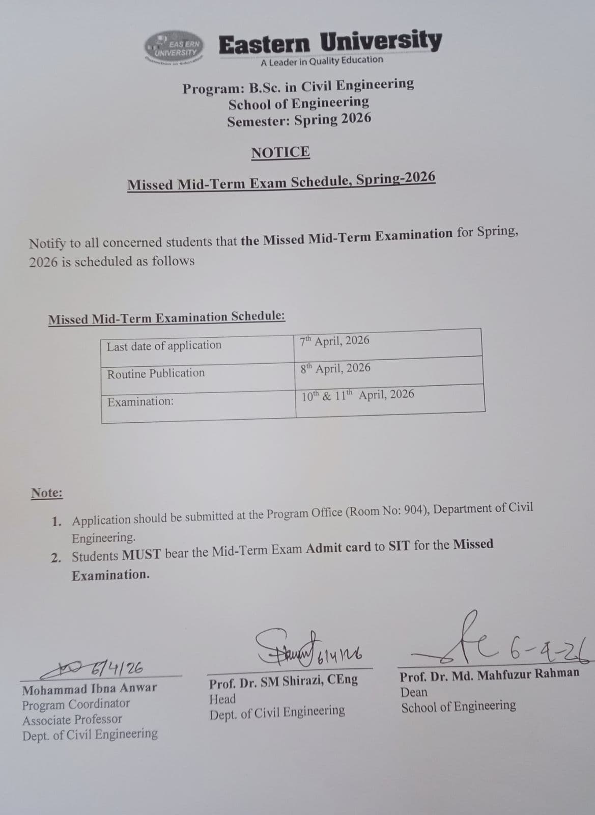 Missed Mid-term Exam Notice, CE, Spring, 2026