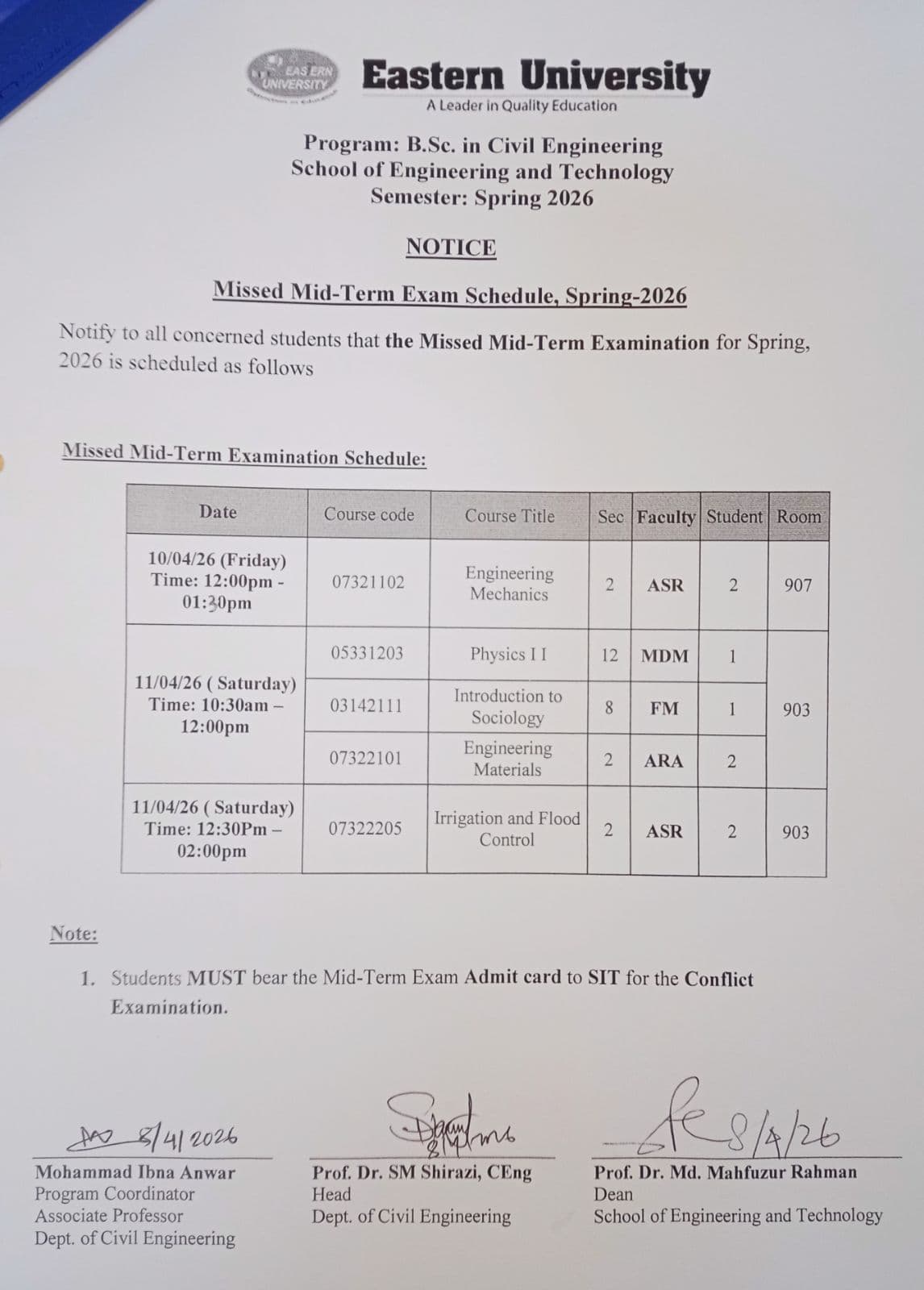 Missed (Mid-Term) Exam Routine, CE, Spring 2026