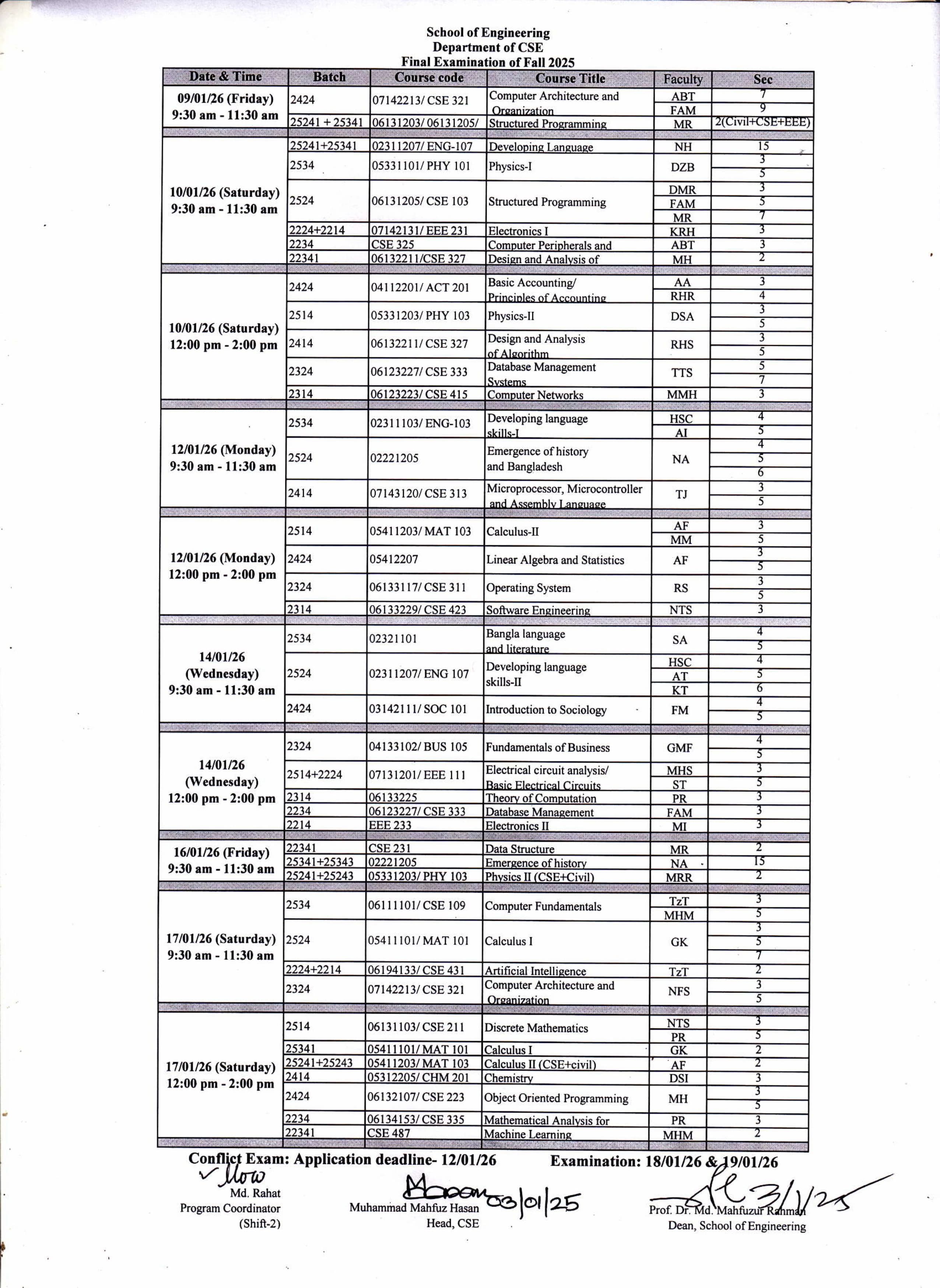 Final Examination Routine of Fall 2025, Department of CSE