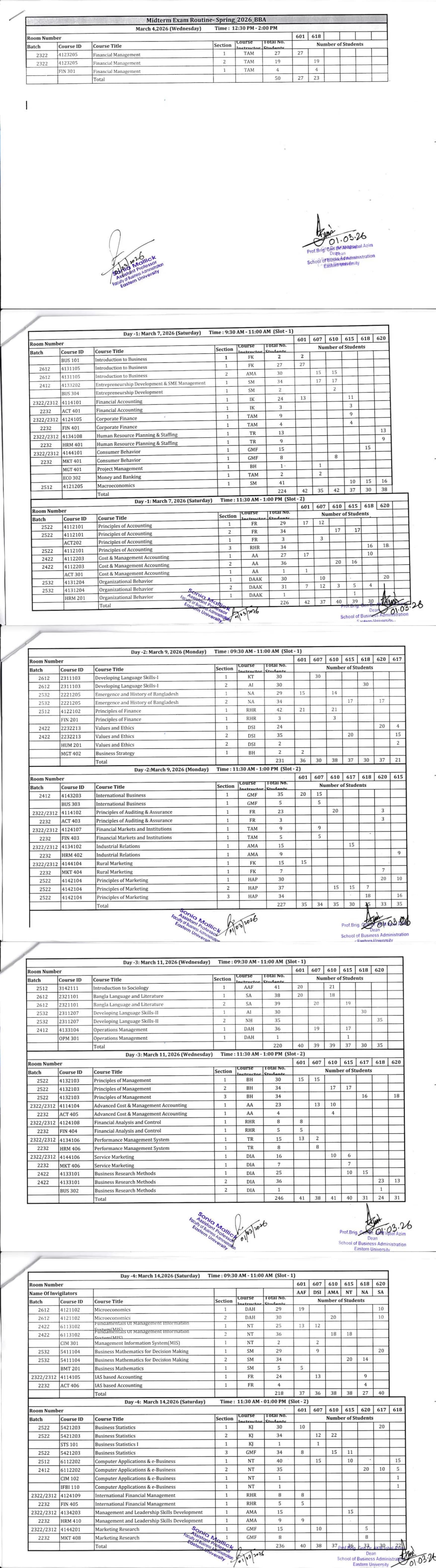 Mid-Term Examination Routine of BBA, Spring-2026