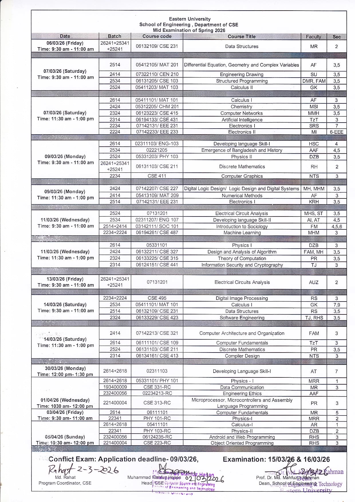 Mid-Term Examination Routine of CSE, Spring-2026