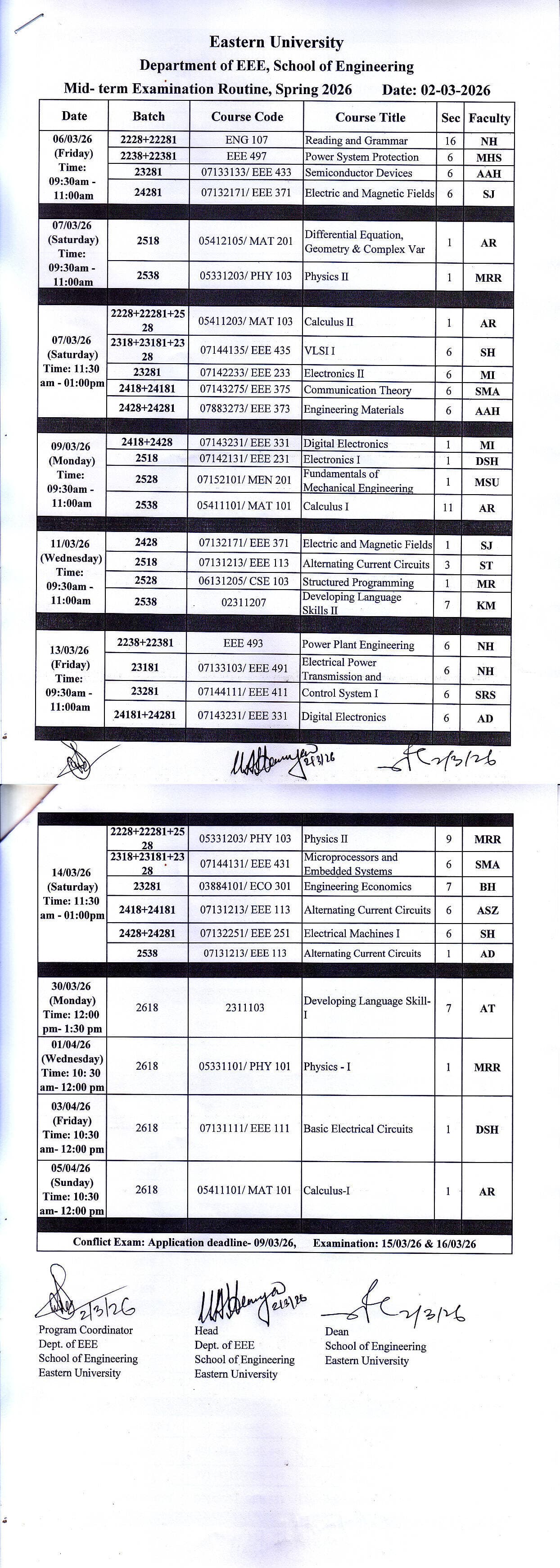 Mid- term Examination Routine of EEE, Spring - 2026