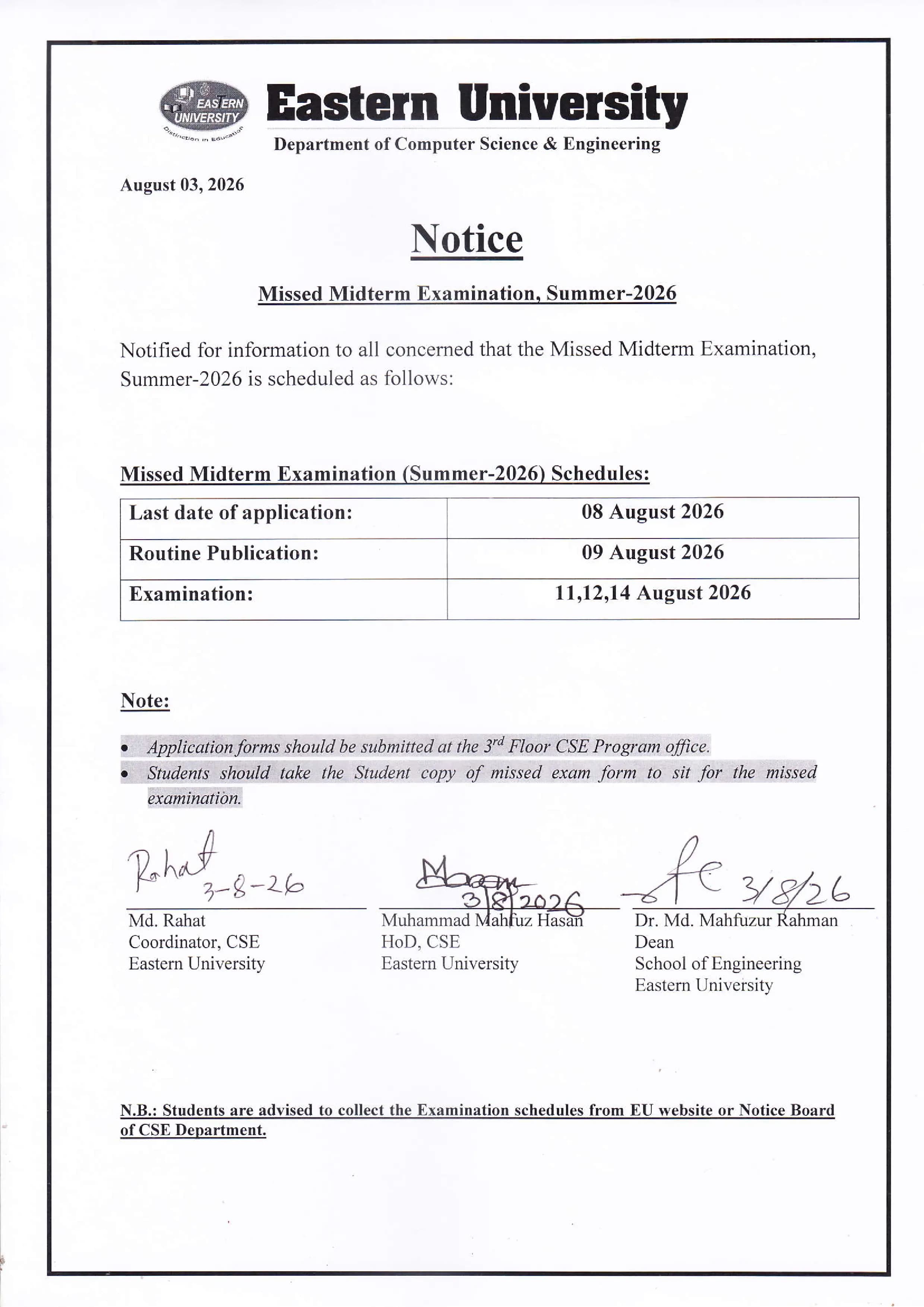 Mid term Missed Examination Schedule, Summer-2026 Department of CSE
