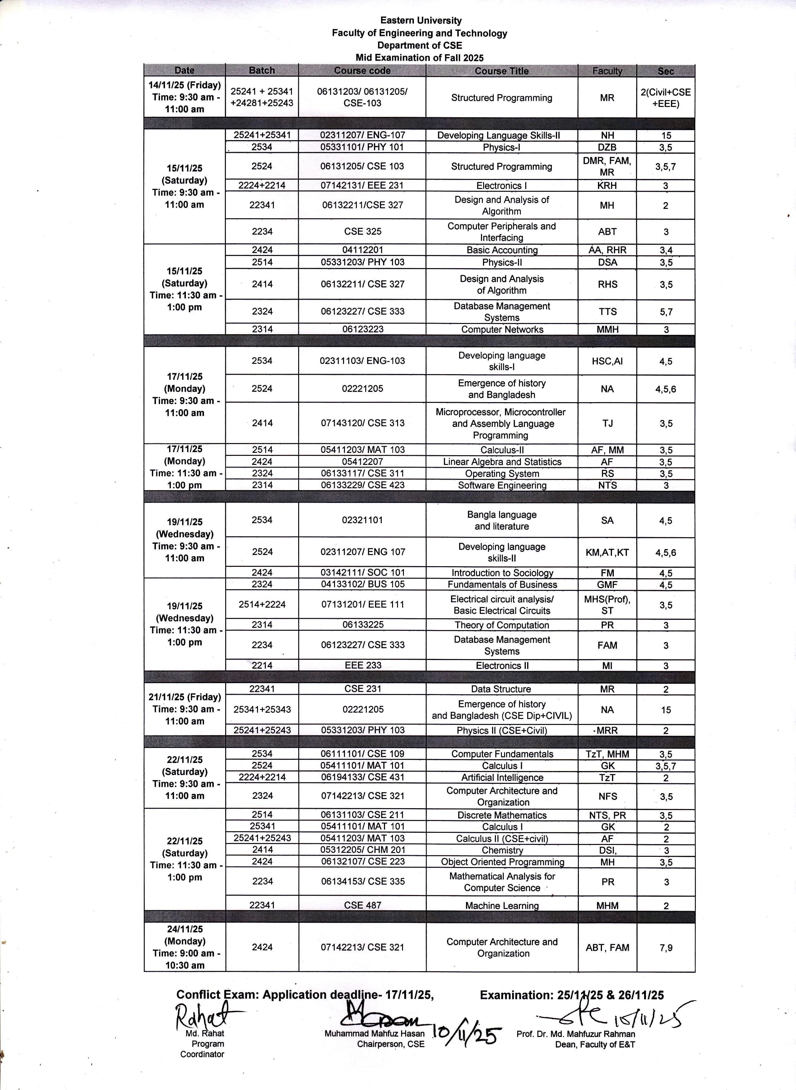Revised Mid-term Examination Schedule of Fall 2025, CSE Department