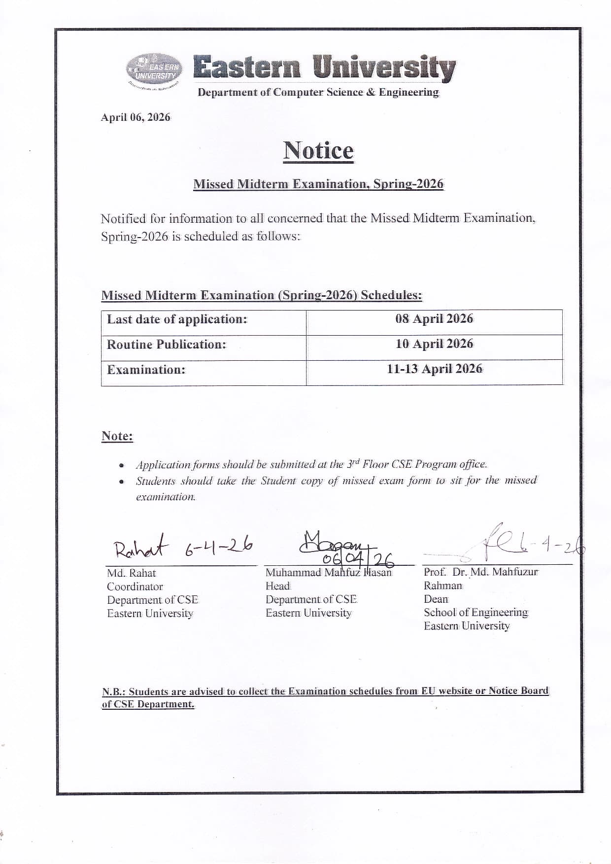 Mid Missed Exam Schedule, CSE, Spring, 2026