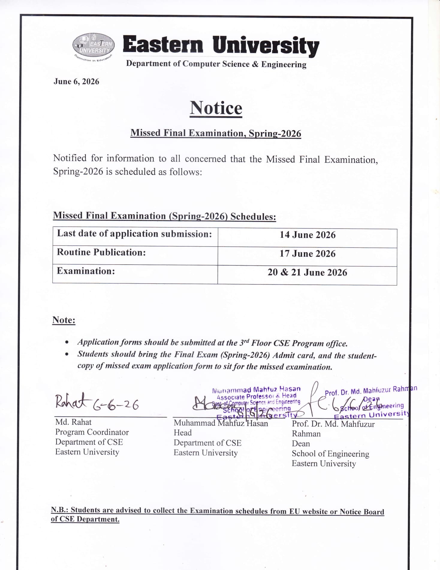 Department of CSE, Spring-2026, Missed Final Examination Schedule