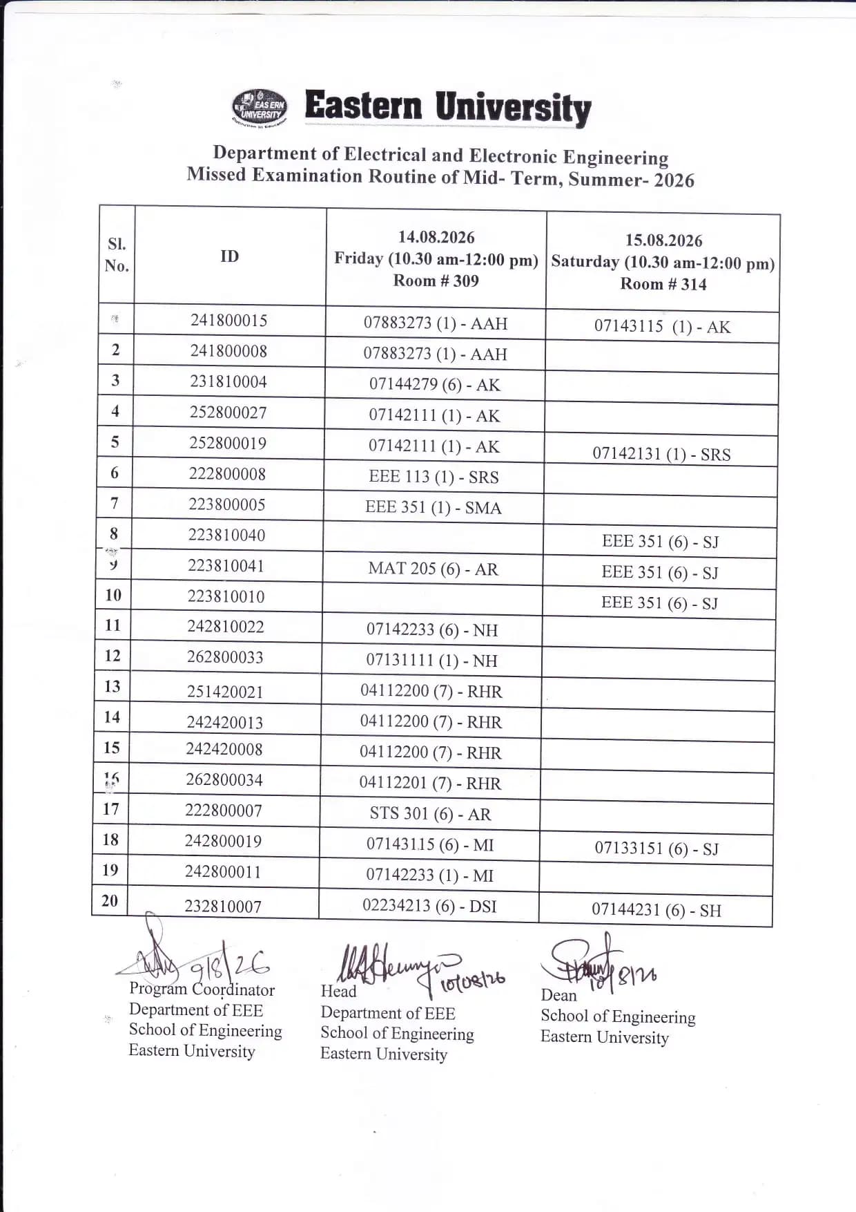 Missed Examination Routine of Mid-Term Exam 2026, Summer-2026, Department of EEE
