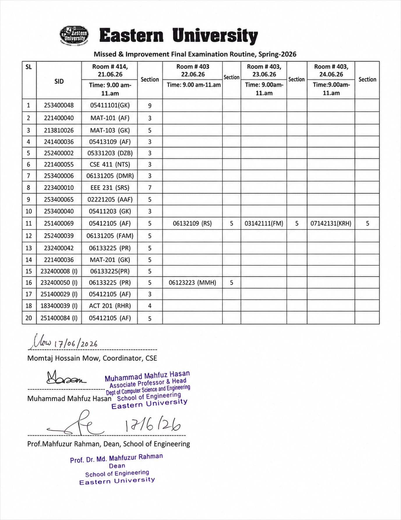 Missed & Improvement Examination Routine (Final) of CSE - Spring 2026