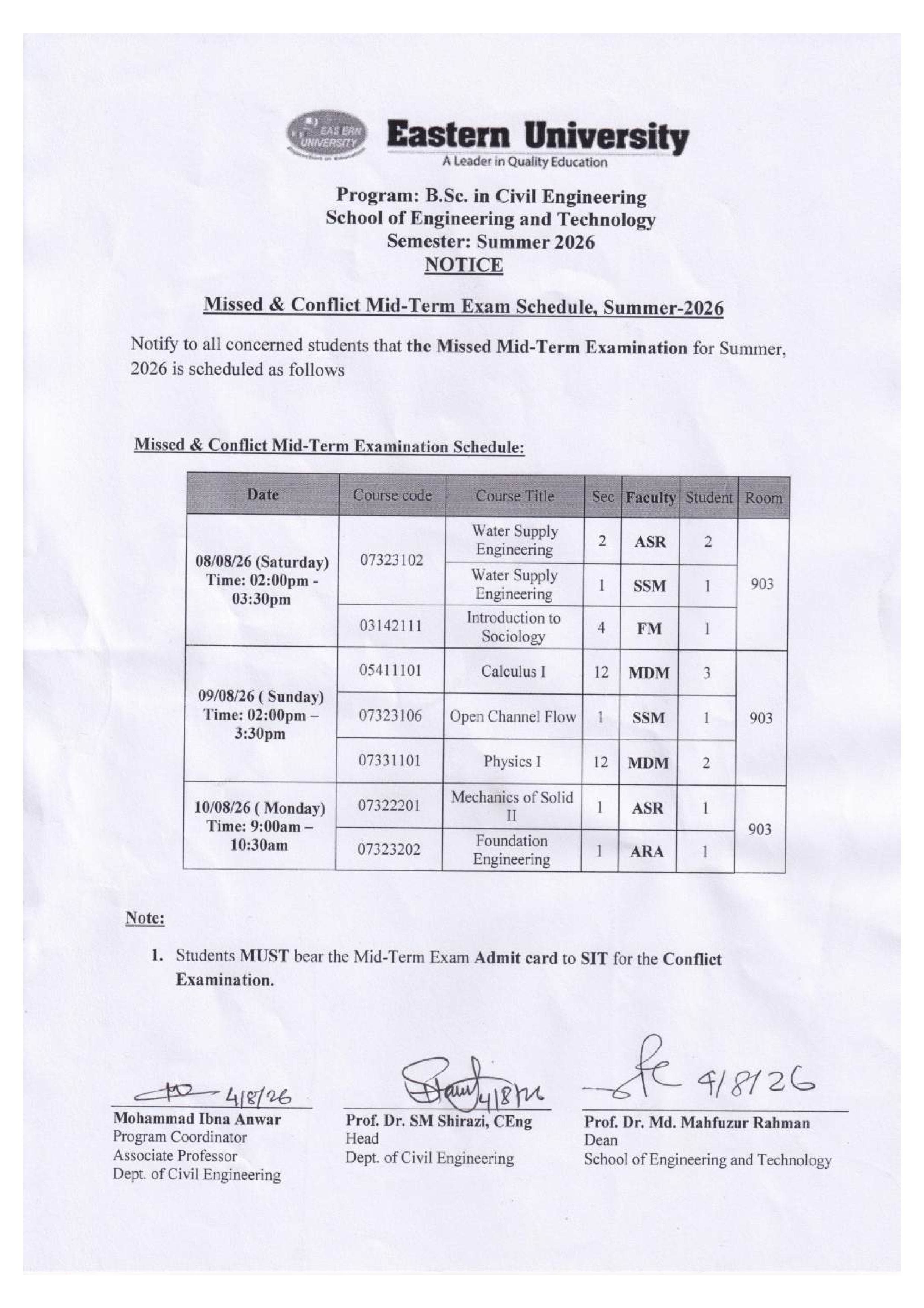 CE Missed Mid Term Exam Routine Summer 2026