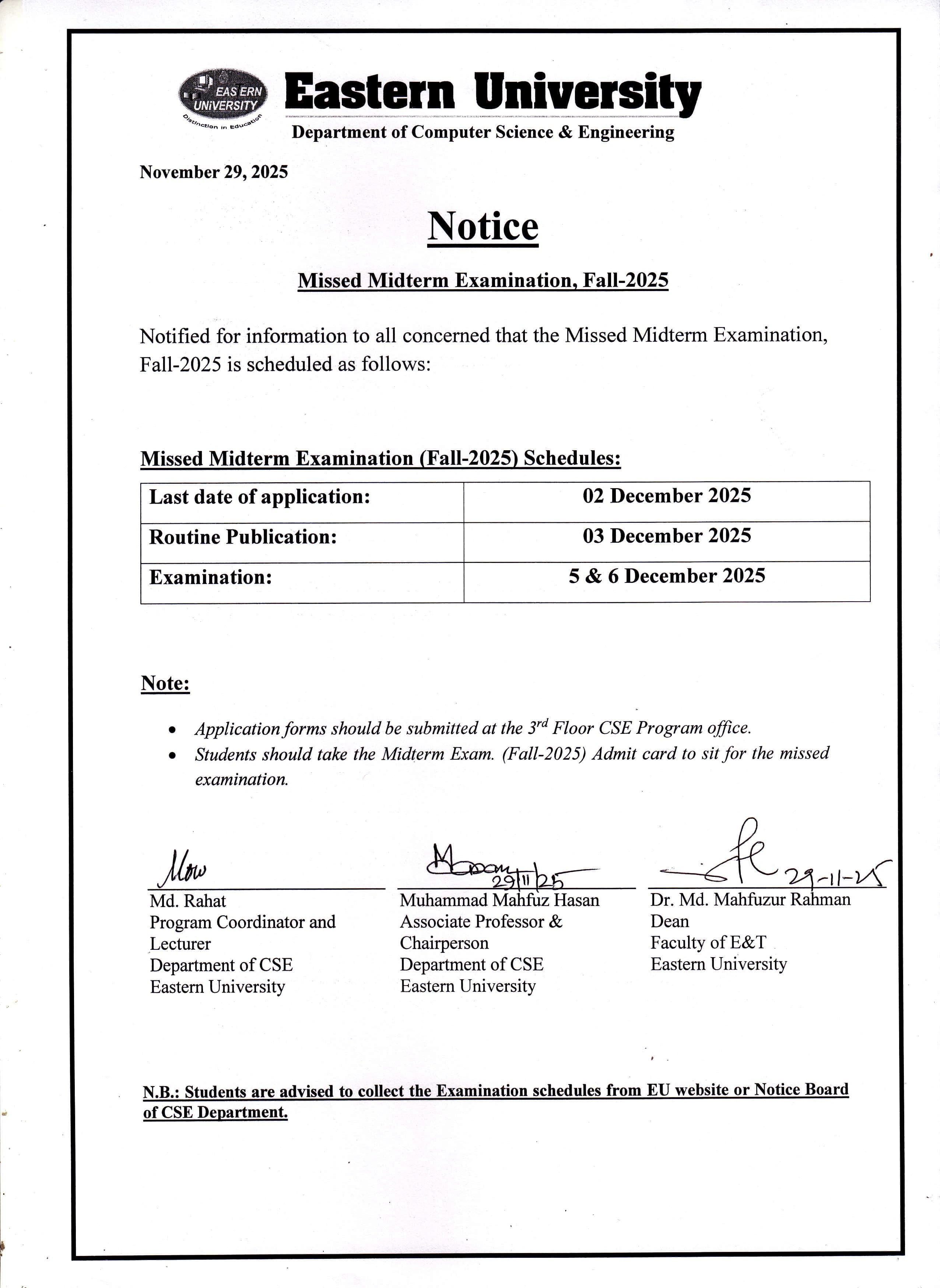 Notice of Missed Mid-term Exam of CSE Department, Fall - 2025