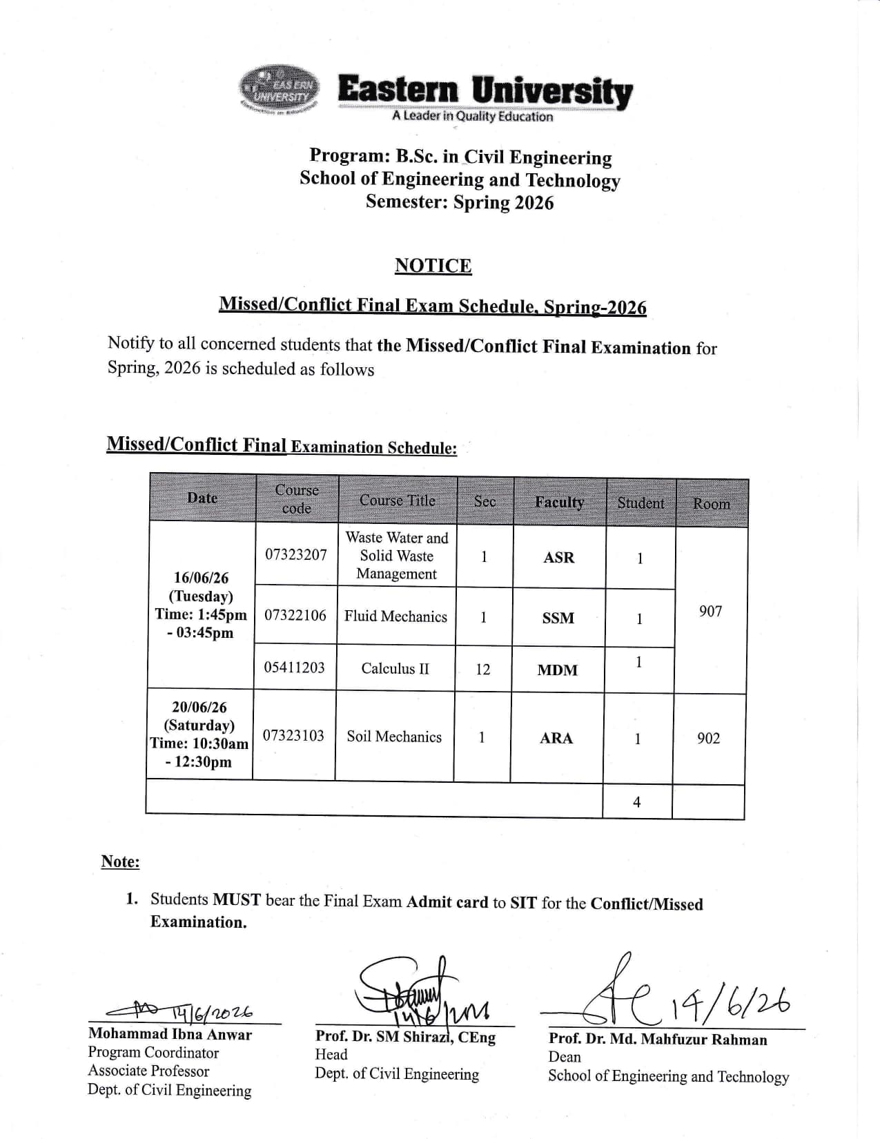 CE Missed & Conflict Final Exam Schedule Spring 2026