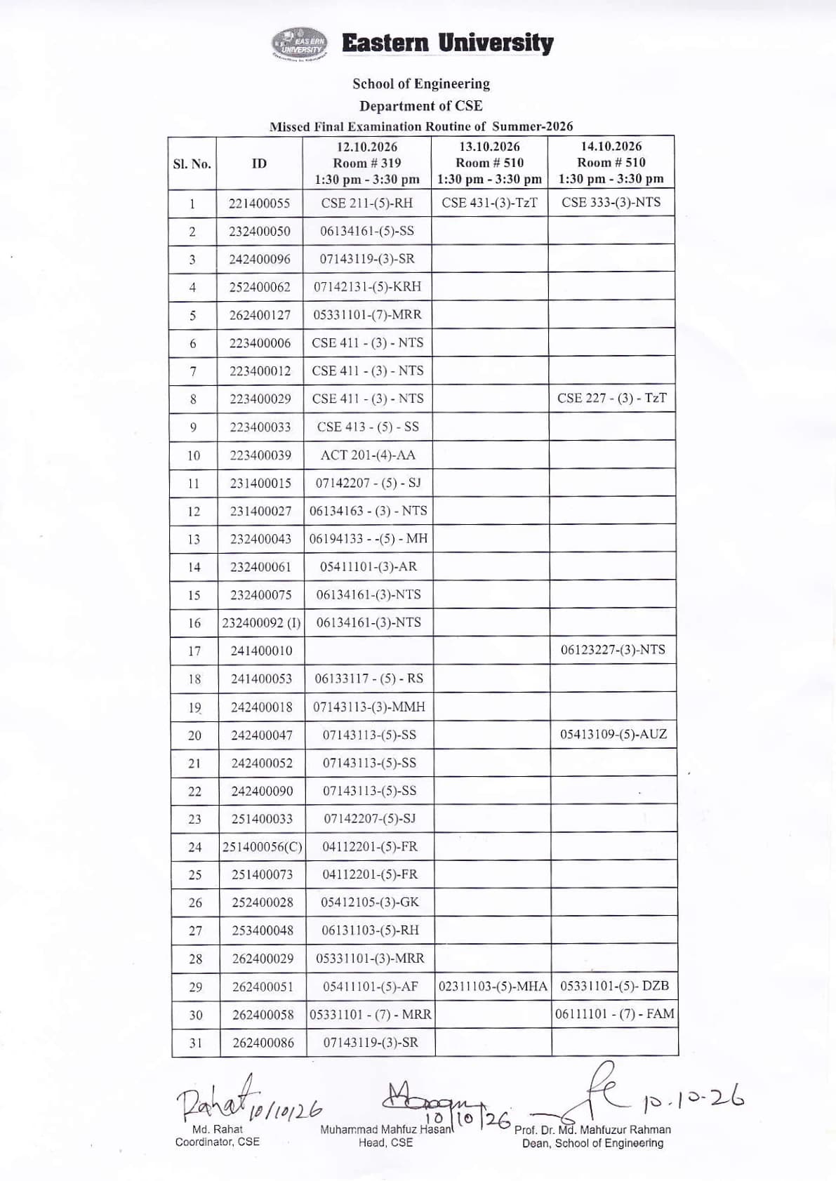 Missed and Improvement Final Exam Routine Department of CSE,Summer-2026