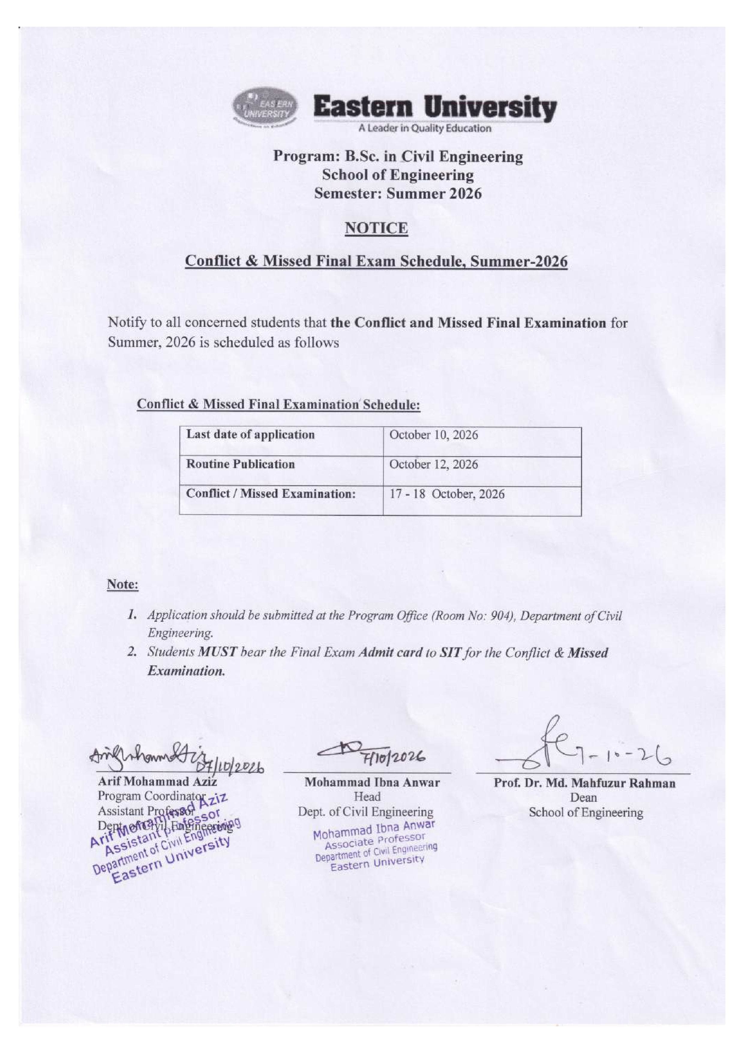Civil- Conflict & Missed Final exam Notice Summer 2026