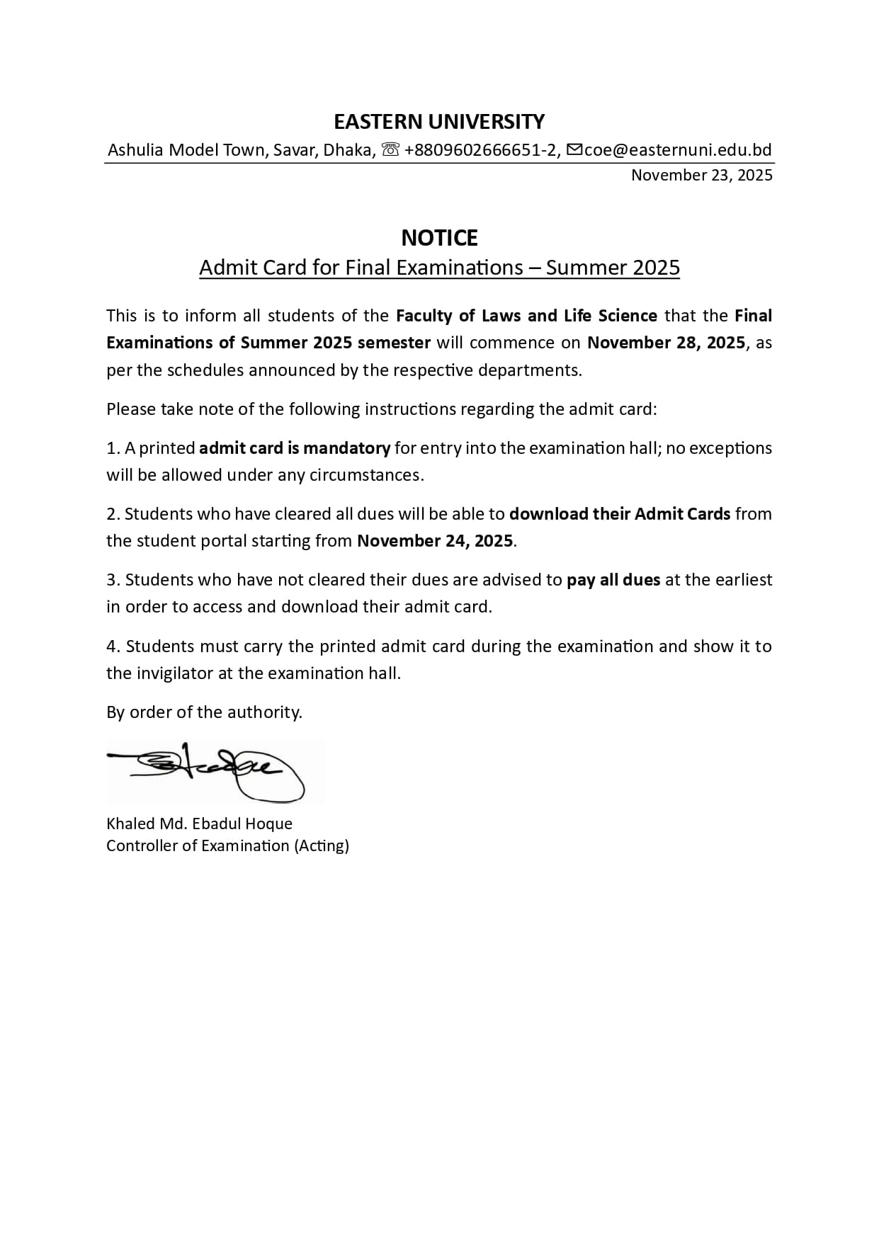 NOTICE: Admit Card for Final Examinations – Summer 2025