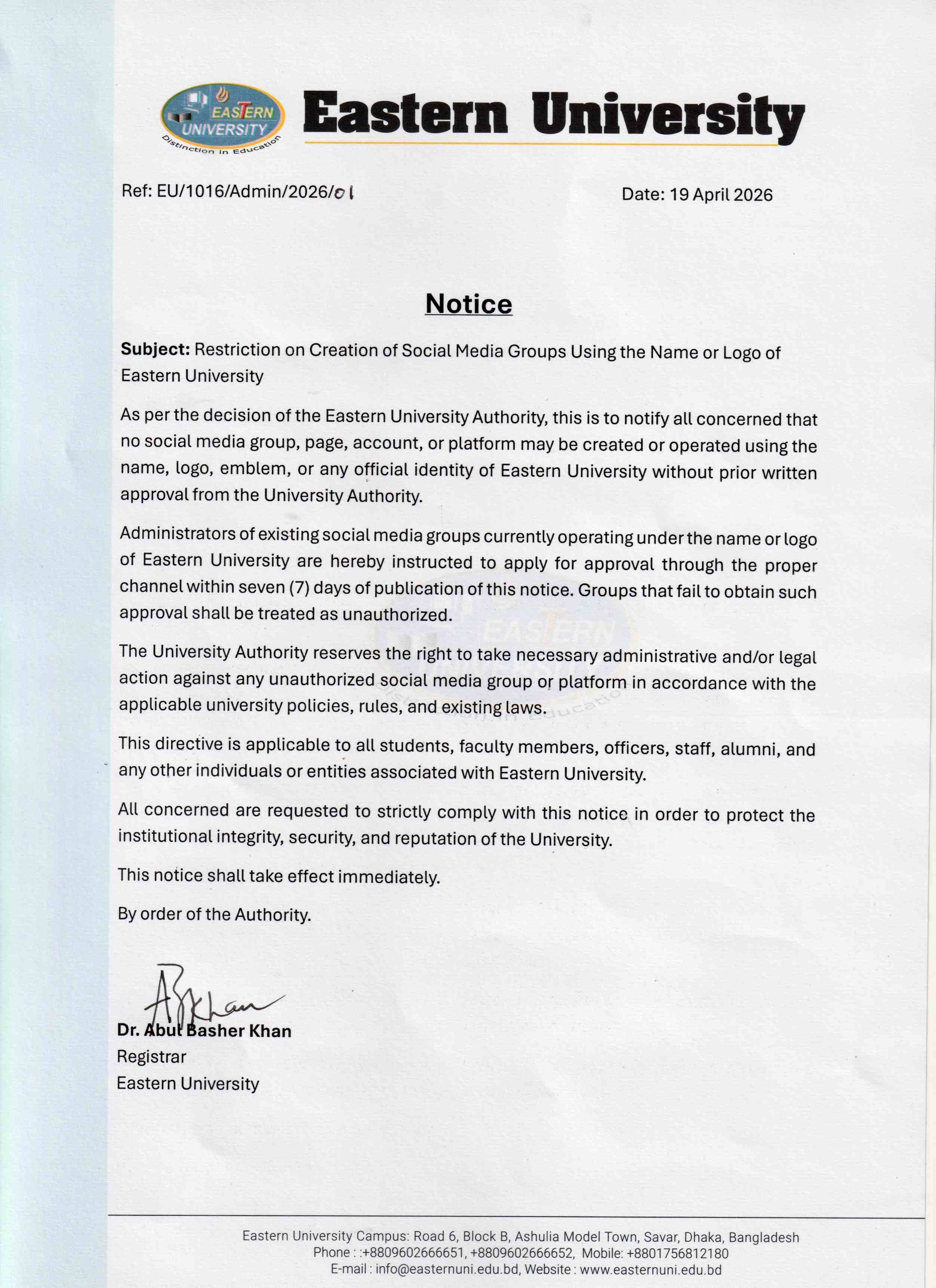 Restriction on Creation of Social Media Groups Using the Name or Logo of Eastern University