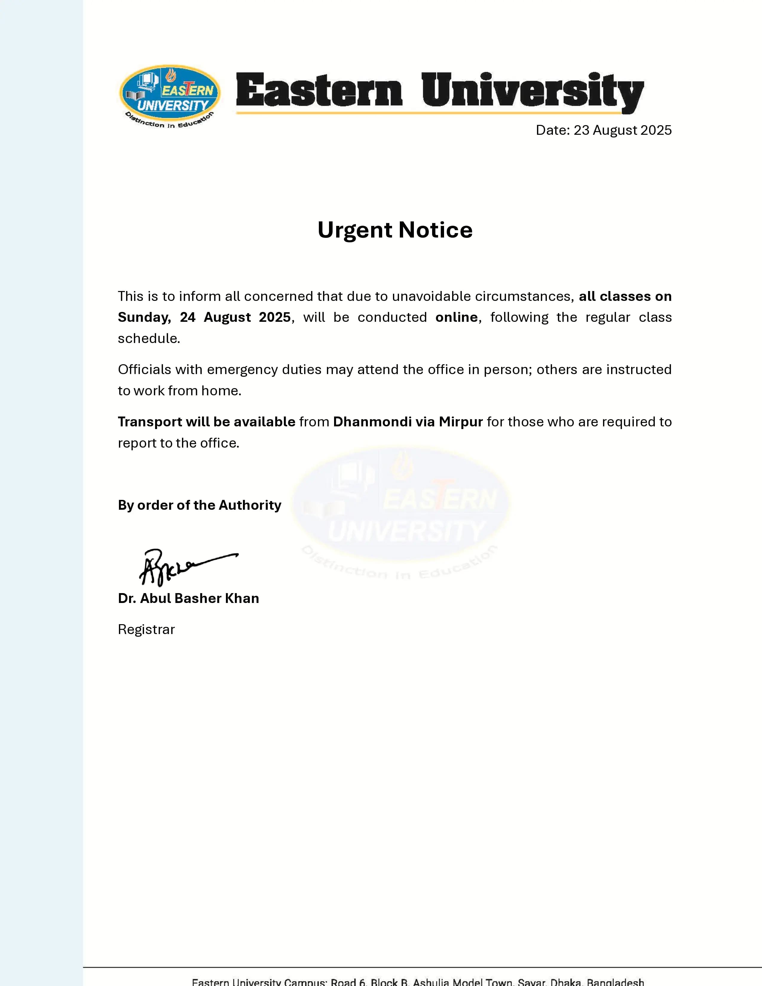 all classes will be conducted online on Sunday, 24 August 2025