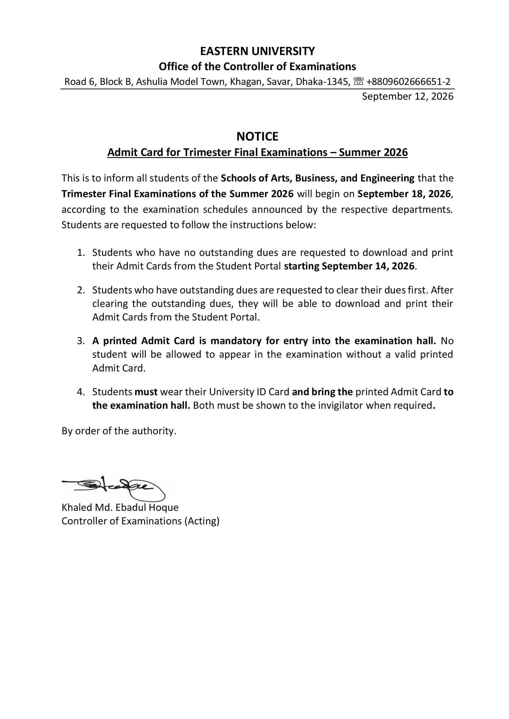 ADMIT CARD FOR TRIMESTER FINAL EXAMINATIONS – SUMMER 2026