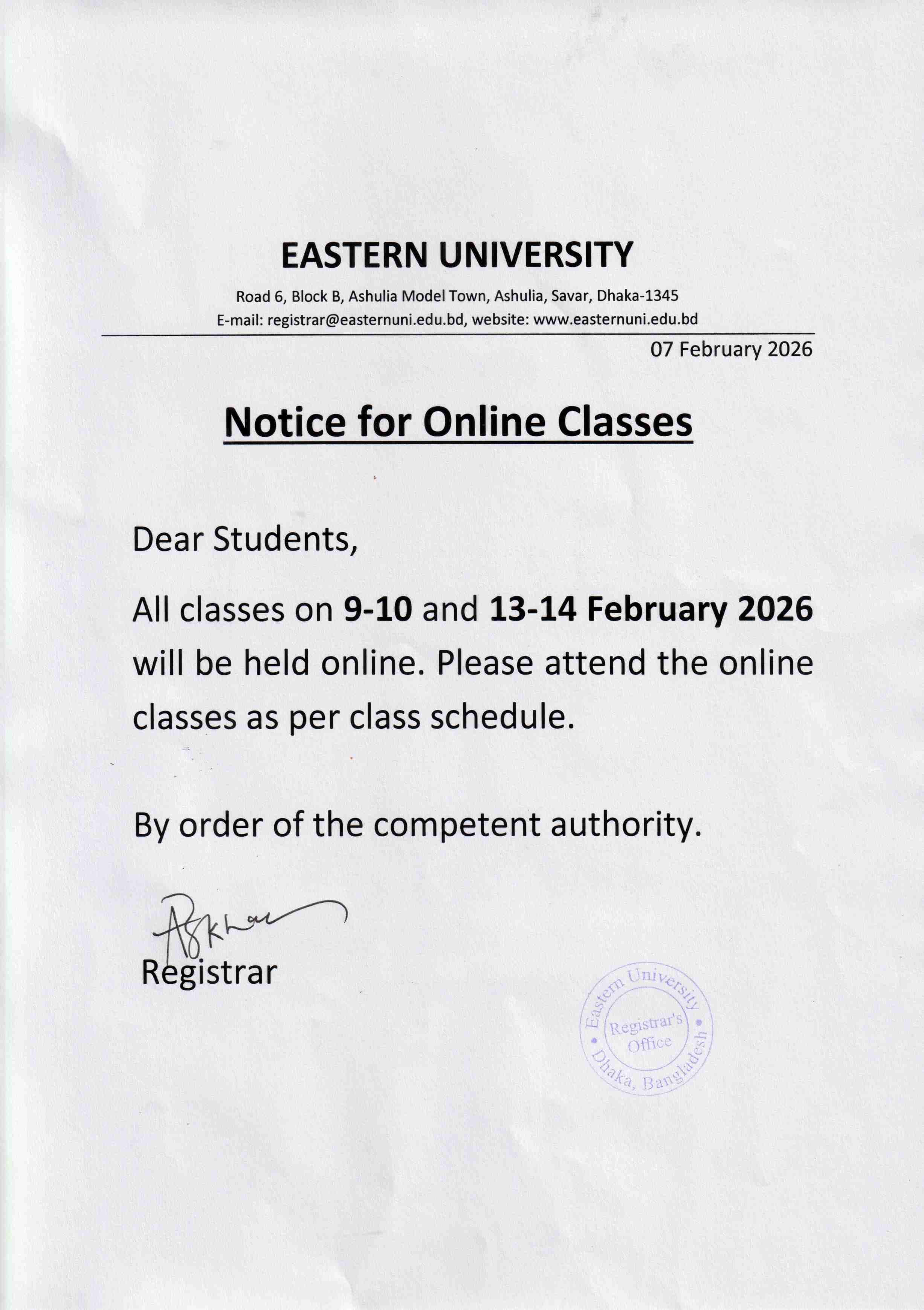 Notice for Online Classes