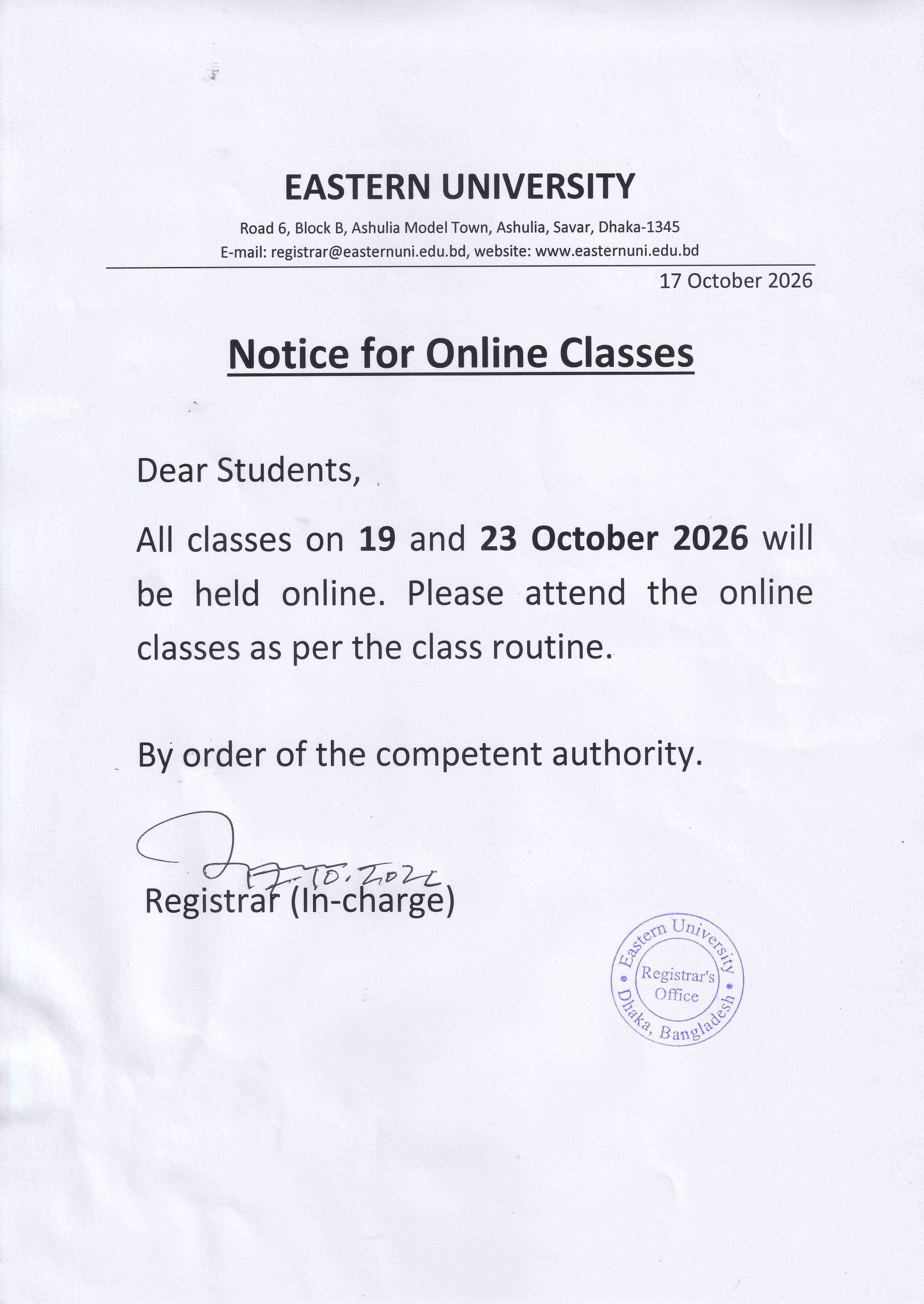 Notice for the Online Classes