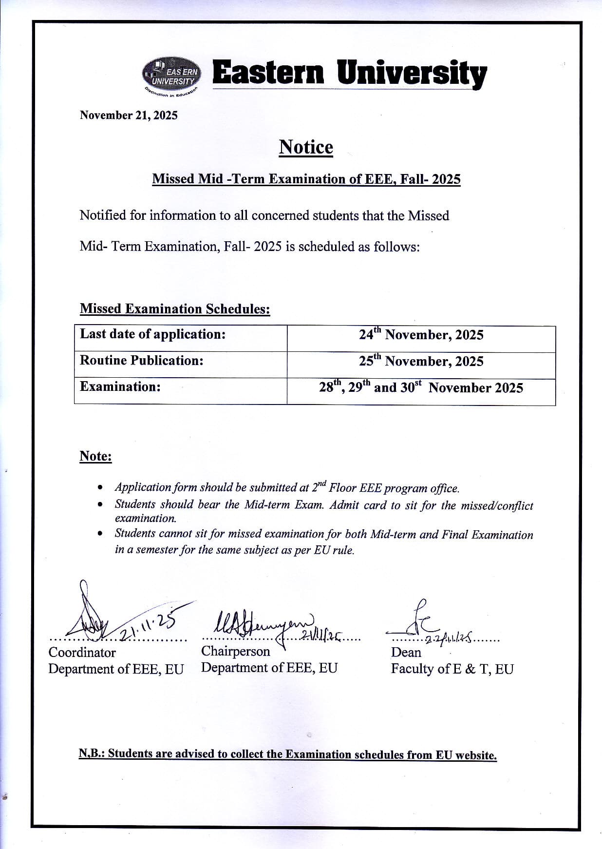 Notice of Missed Exam of EEE (Mid- Term), Fall - 2025