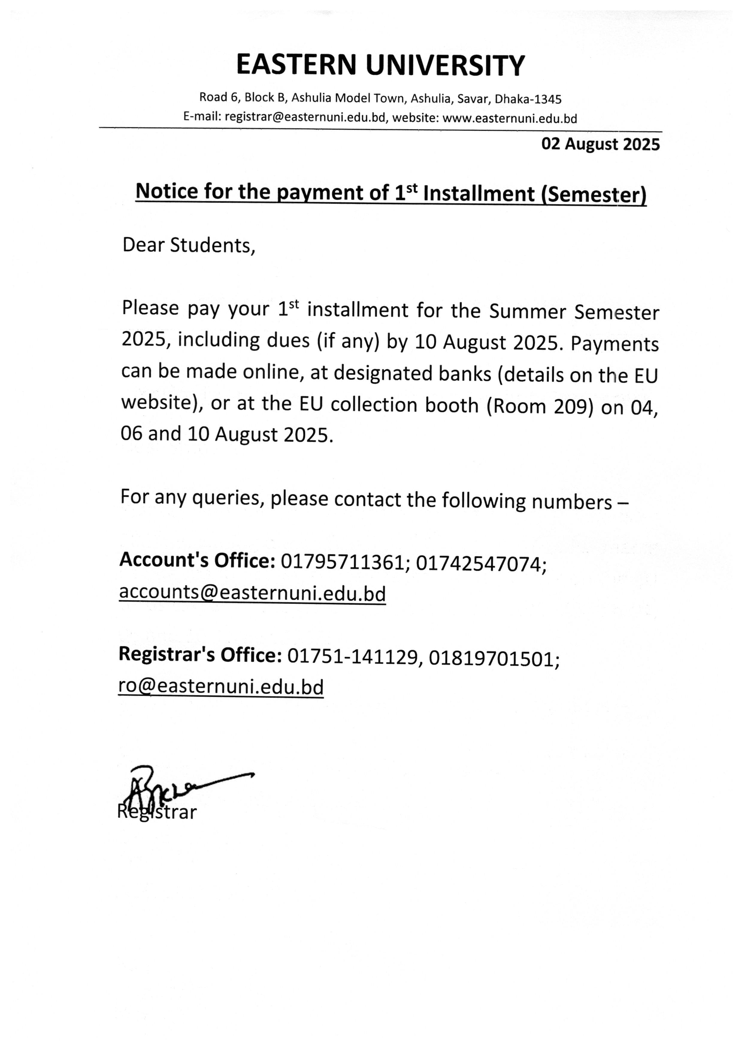 Notice for the payment of 1st Installment for the Summer Semester 2025