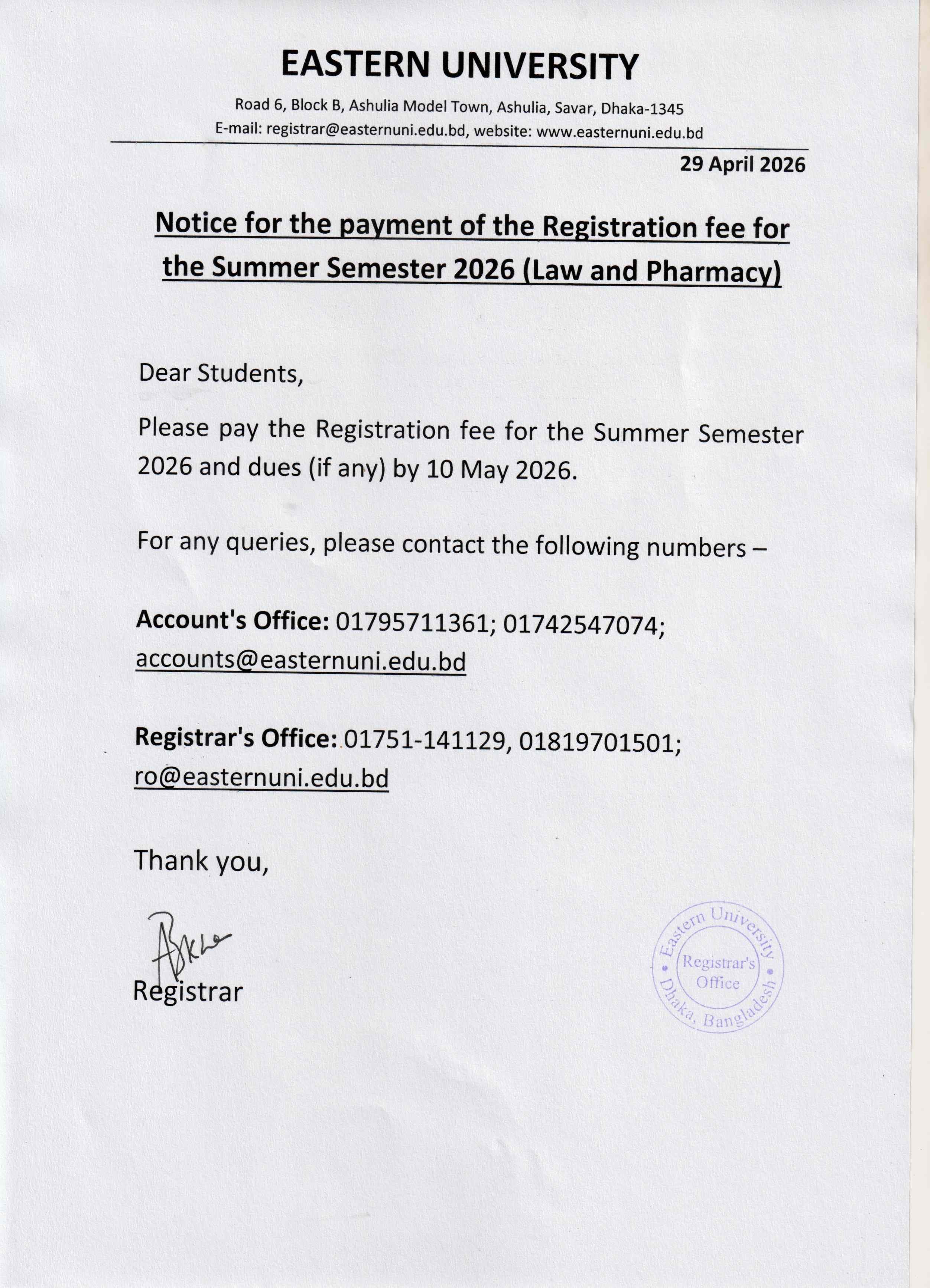 Notice for the payment of the Registration fee for the Summer Semester 2026 (Law and Pharmacy)