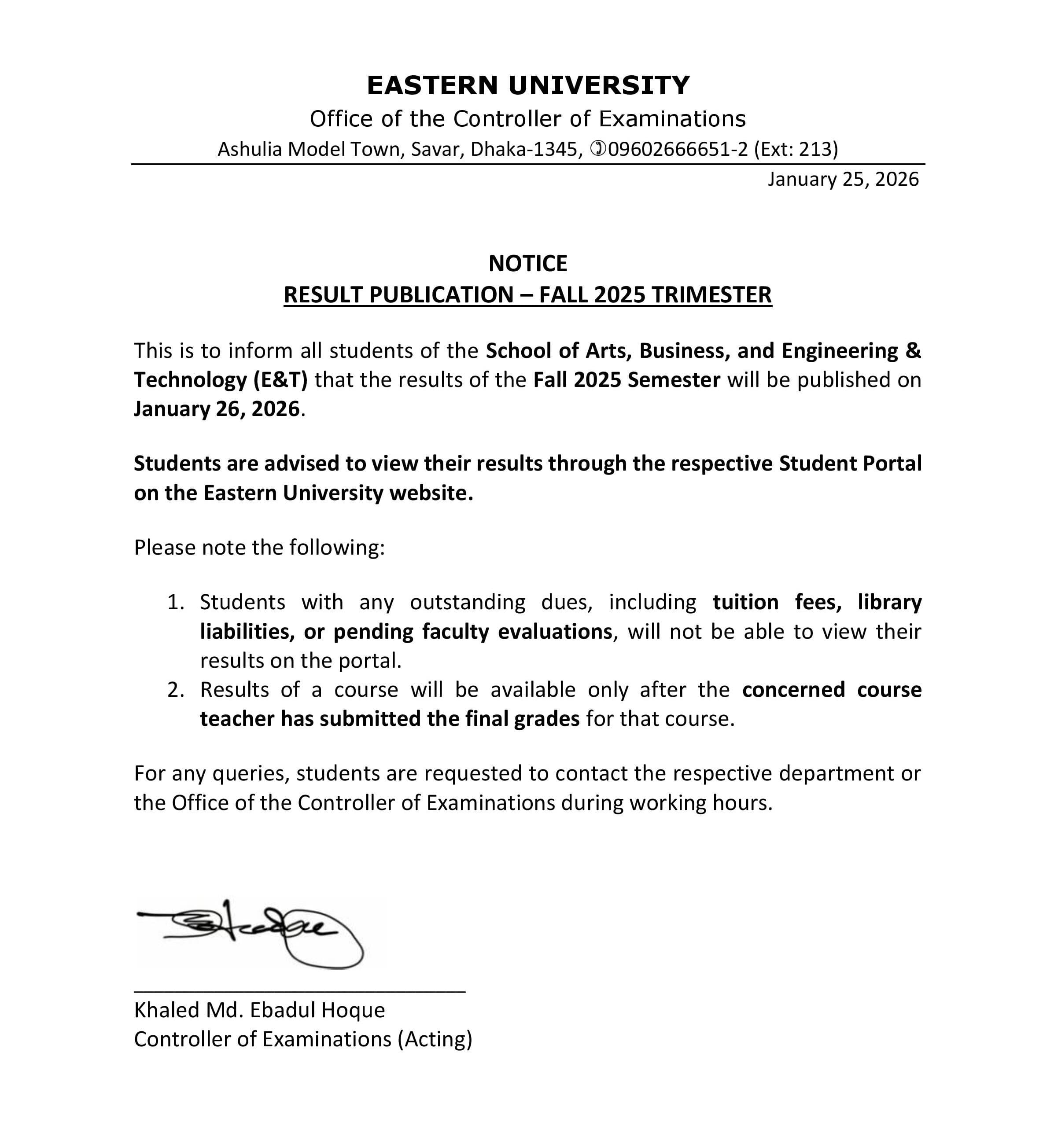 NOTICE: RESULT PUBLICATION – FALL 2025 TRIMESTER