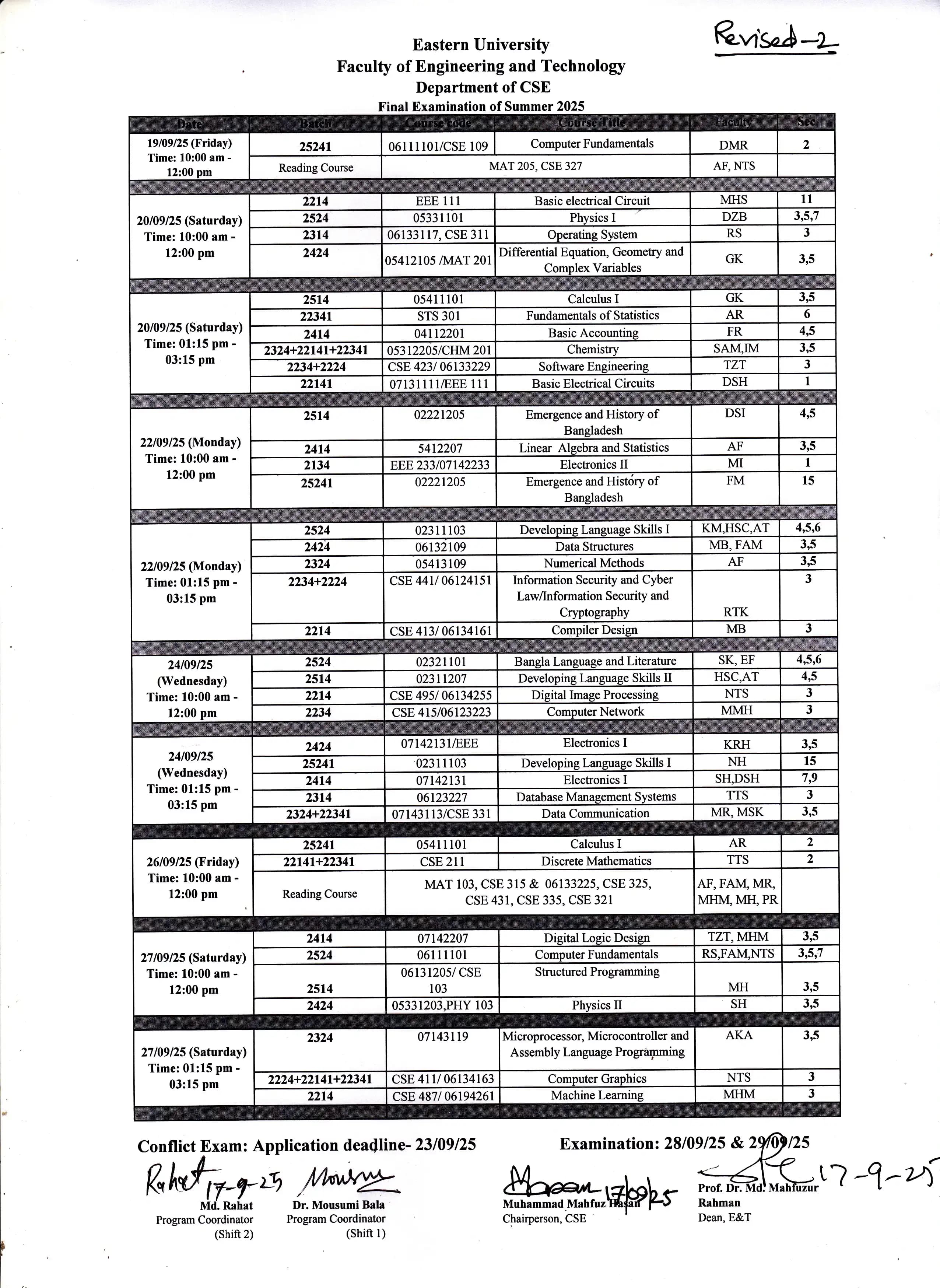 Revised (Updated) Final Examination Routine of Summer Semester-2025, Department of CSE