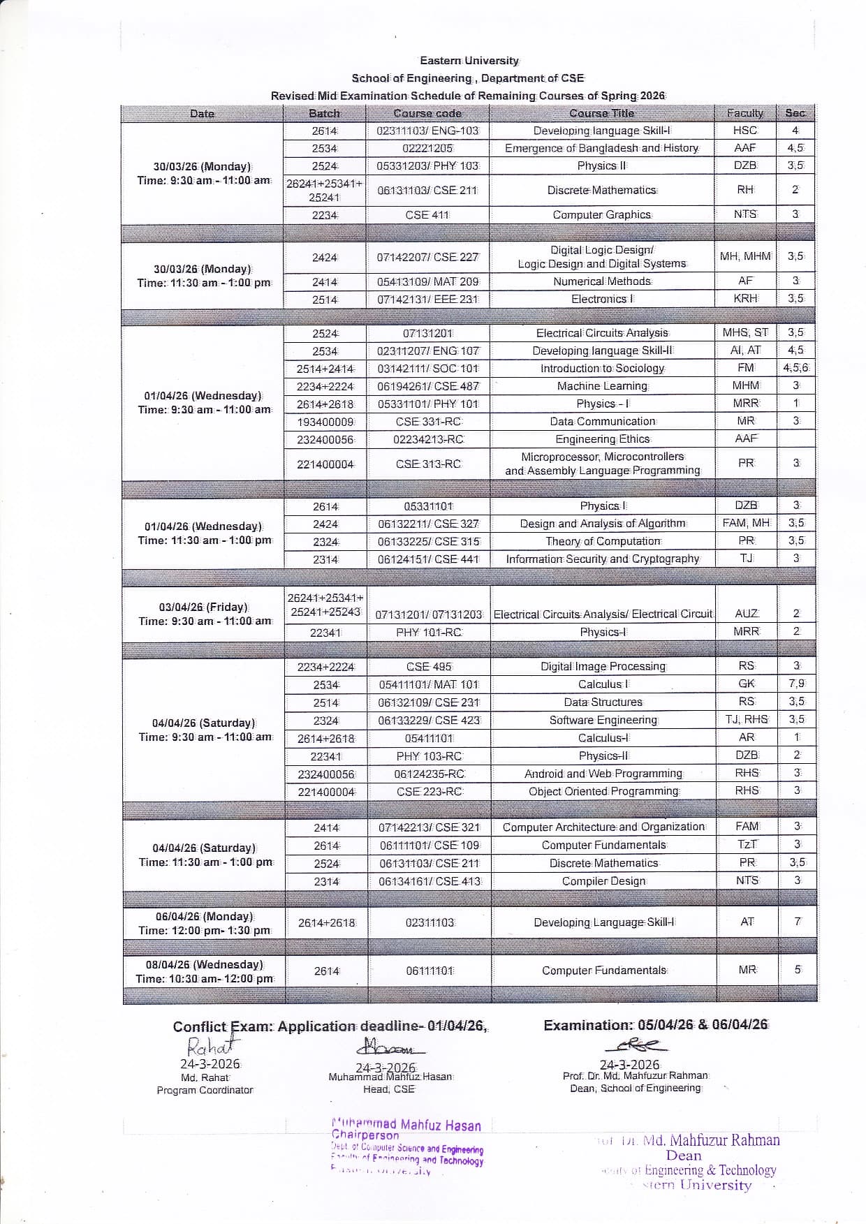 Revised Mid-Term Examination Schedule of Remaining Courses of CSE, Spring-2026