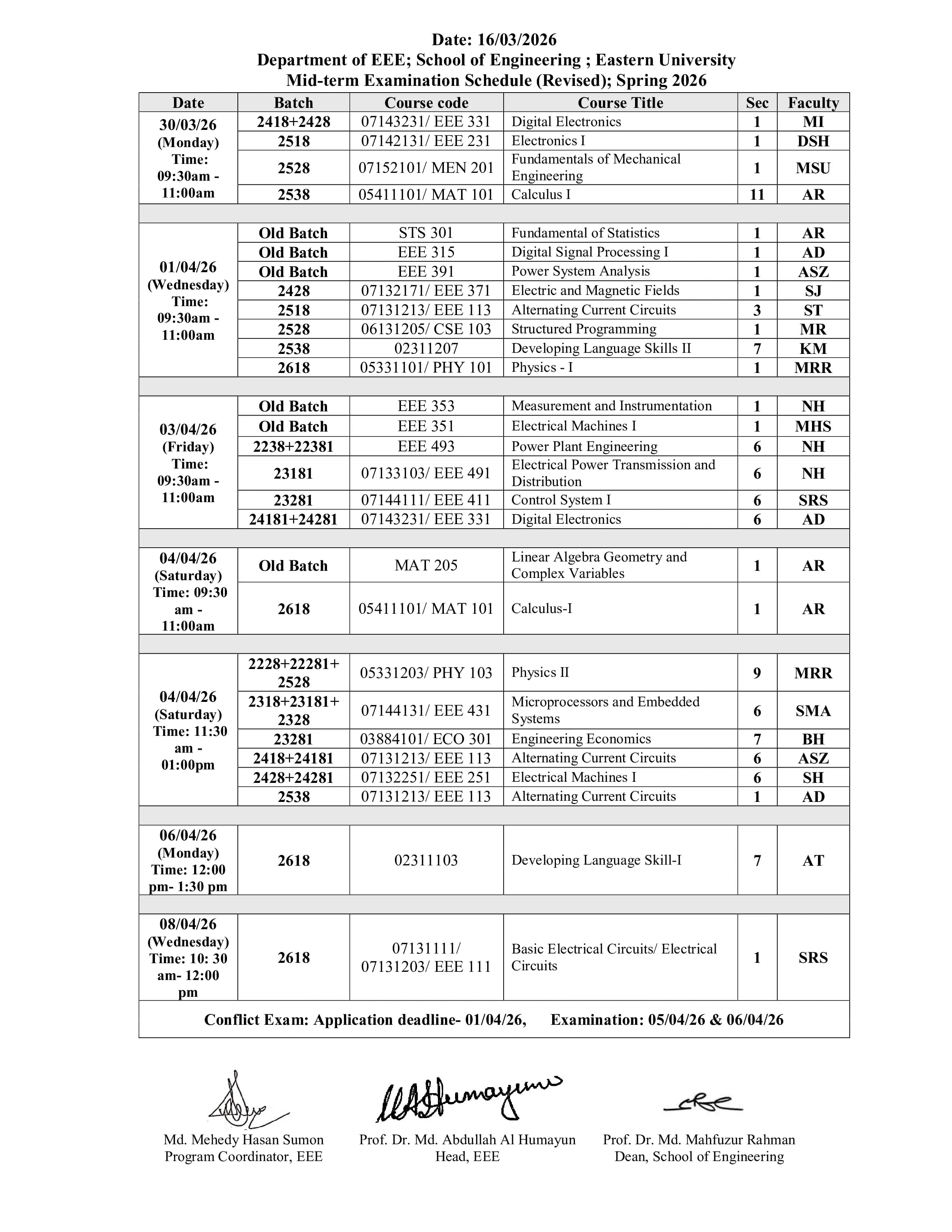 Revised EEE Mid-Spring 2026 Exam and Invigilation Schedule
