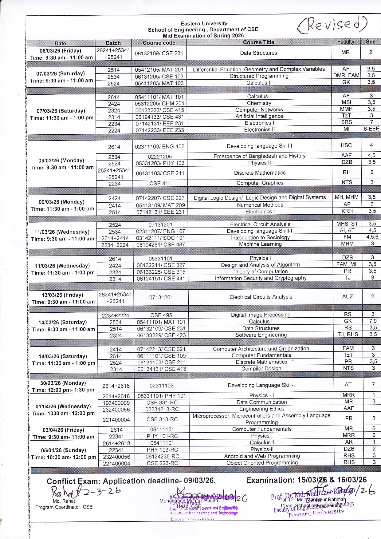 Revised_Mid-Term Examination Routine of CSE, Spring-2026