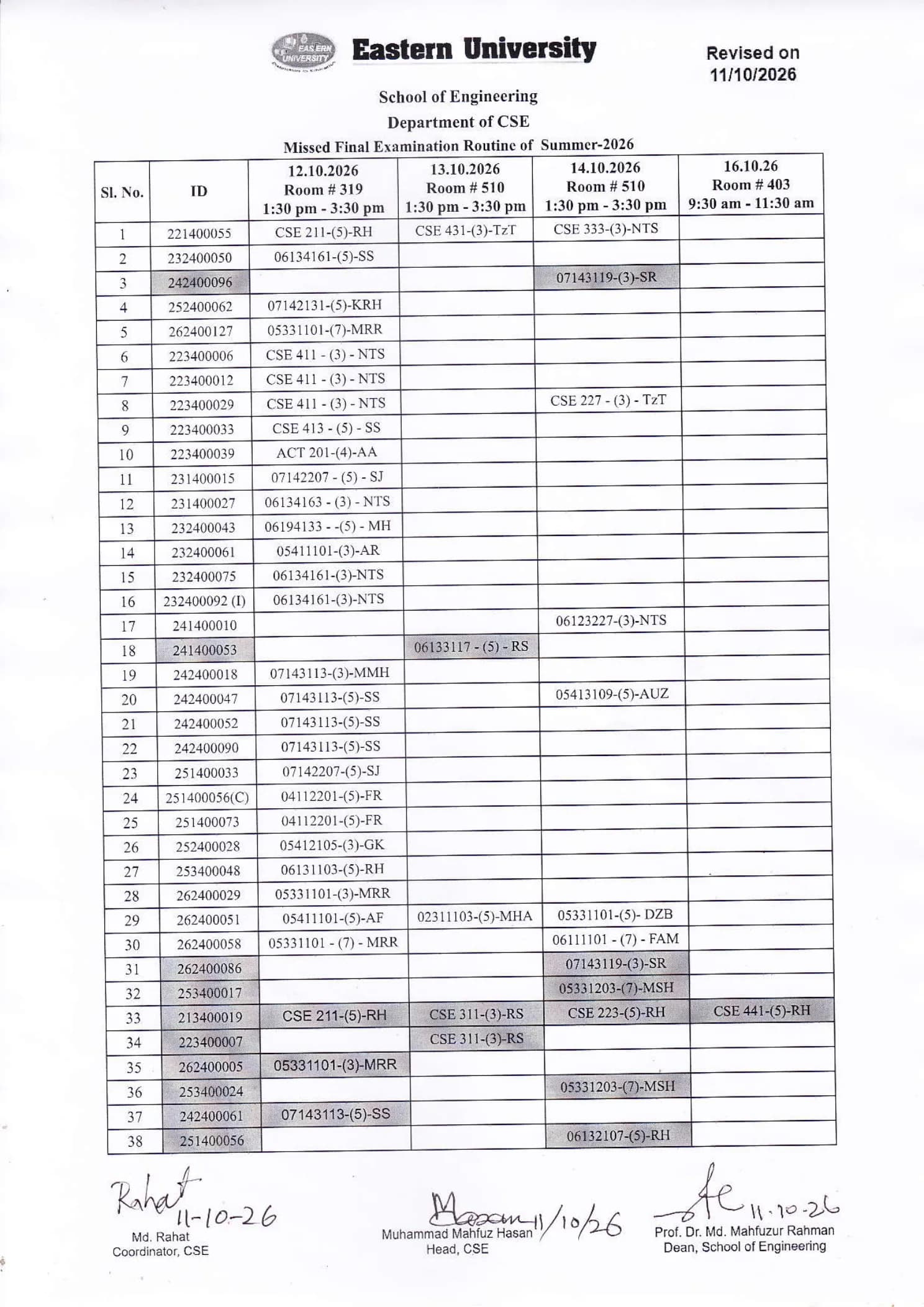 Revised Missed and Improvement Final Exam Routine Department of CSE,Summer-2026