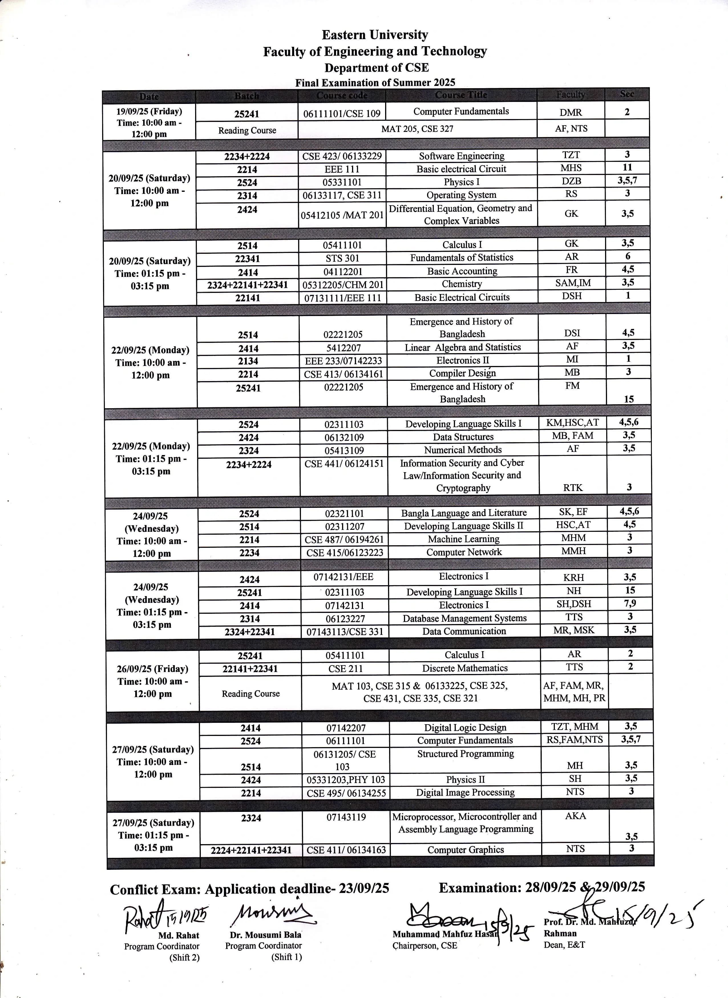 Final Examination Routine of Summer Semester 2025, Department of CSE