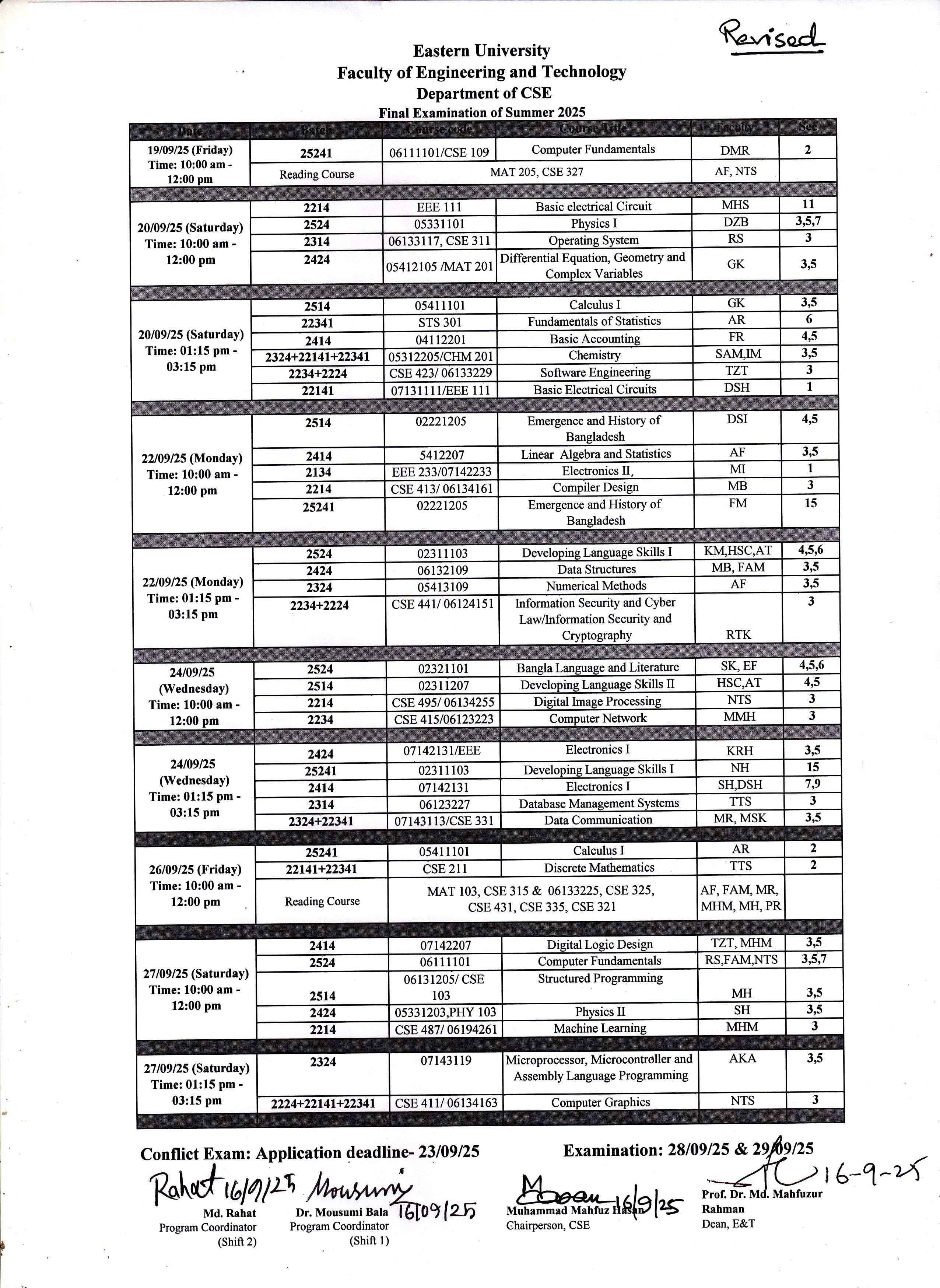Revised Final Examination Routine of Summer Semester-2025, Department of CSE