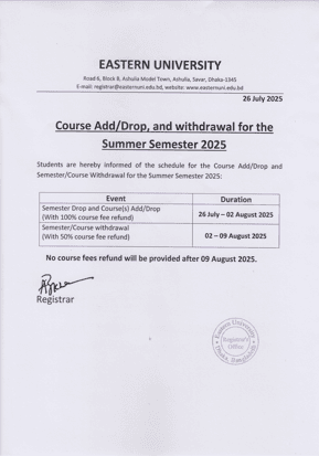 Course Add/Drop, and withdrawal for the Summer Semester 2025 (Bi-semester)
