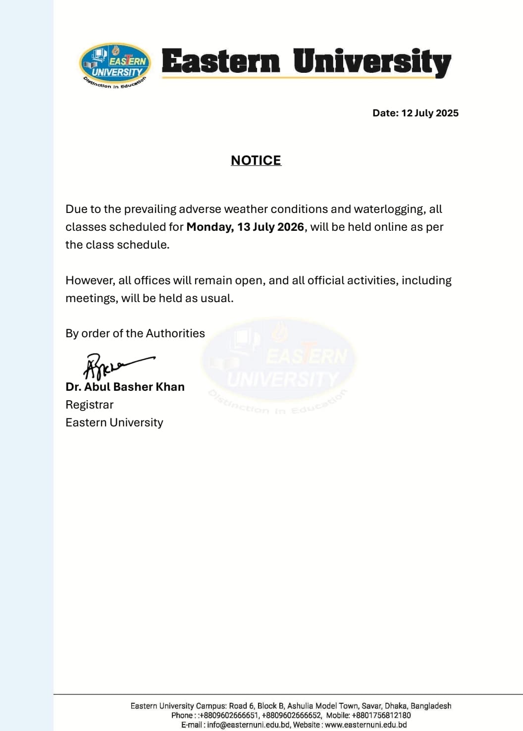 Notice for attending online classes on 13 July 2026