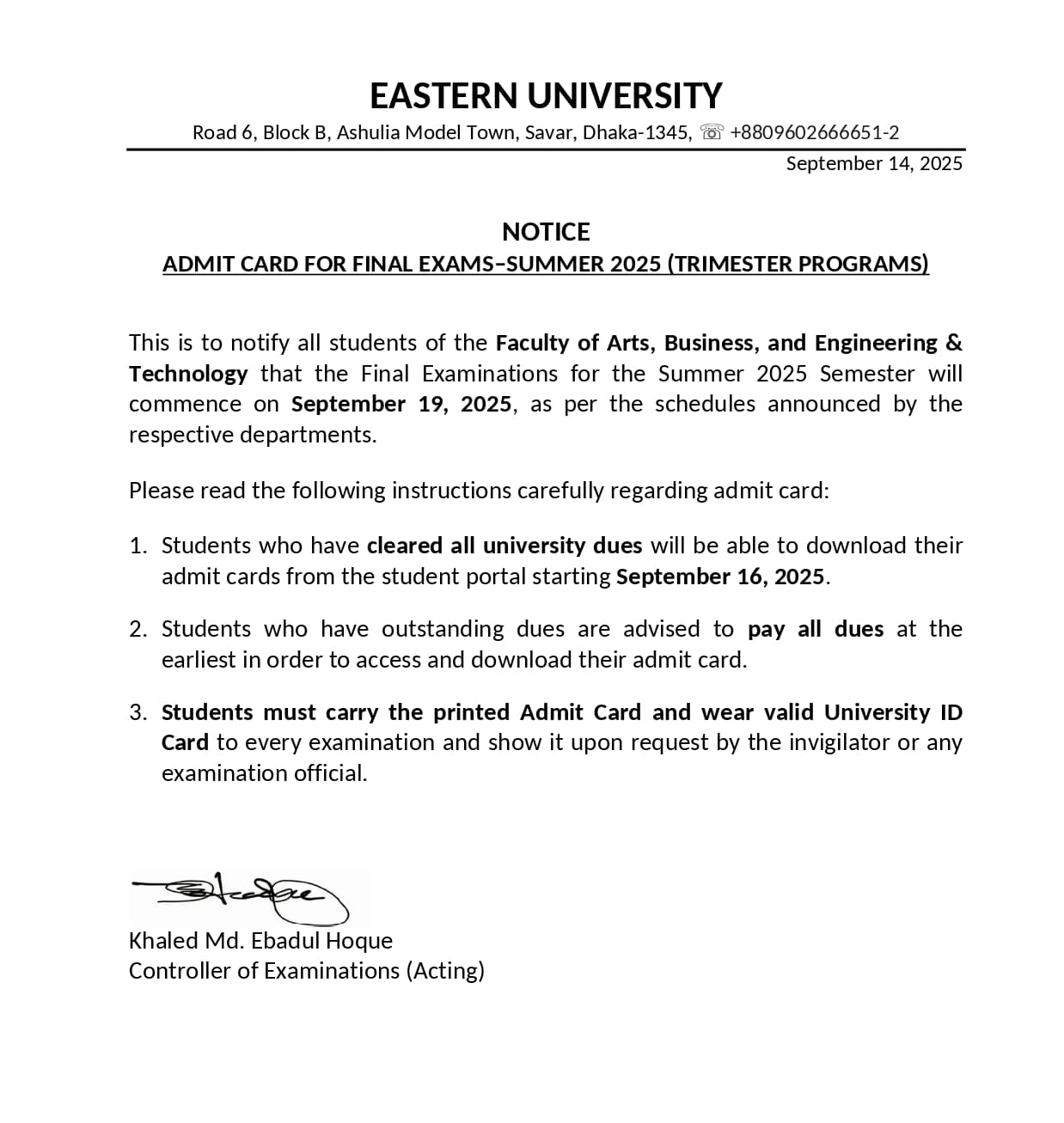 NOTICE:  ADMIT CARD FOR FINAL EXAMS–SUMMER 2025 (TRIMESTER PROGRAMS)