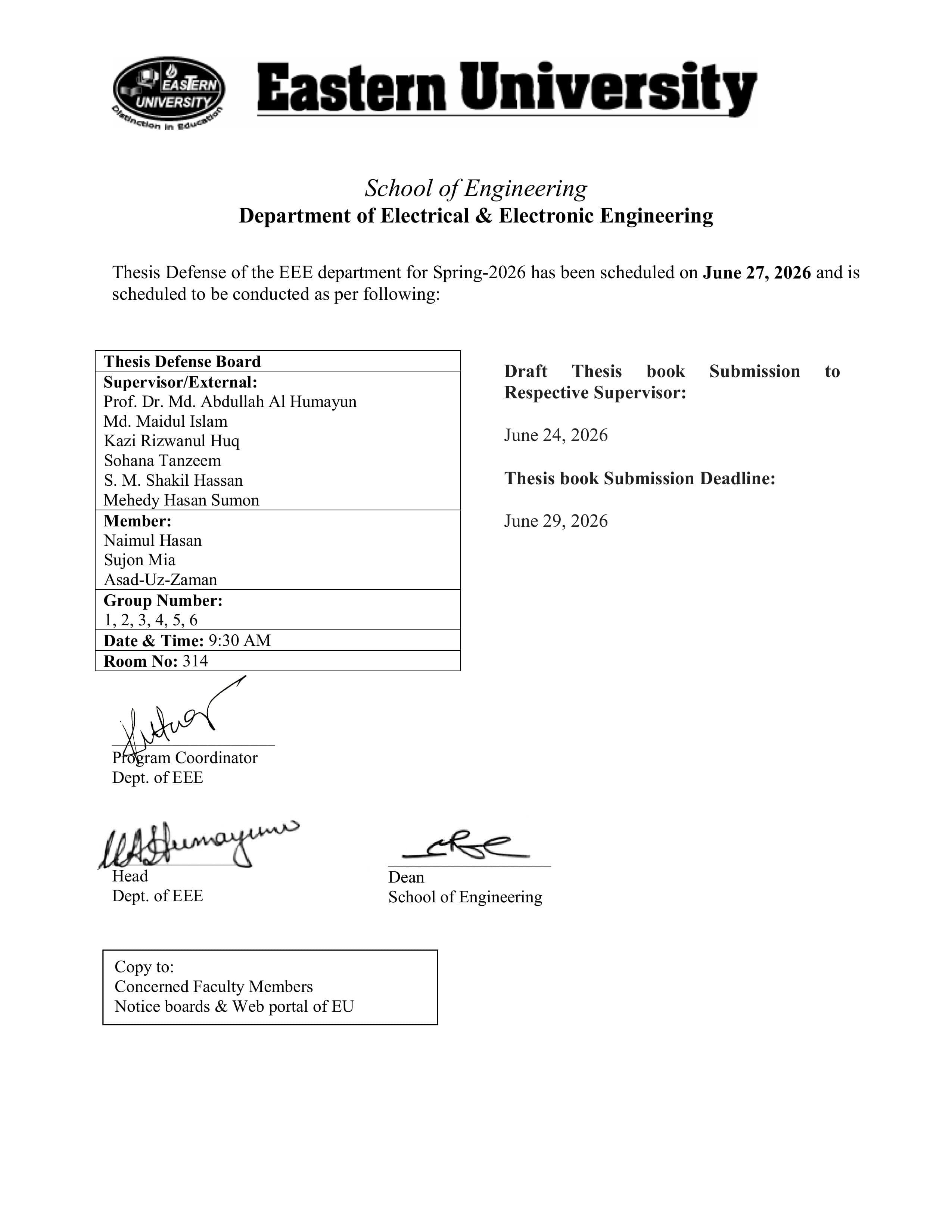 THESIS DEFENSE NOTICE 0f EEE, SPRING - 2026