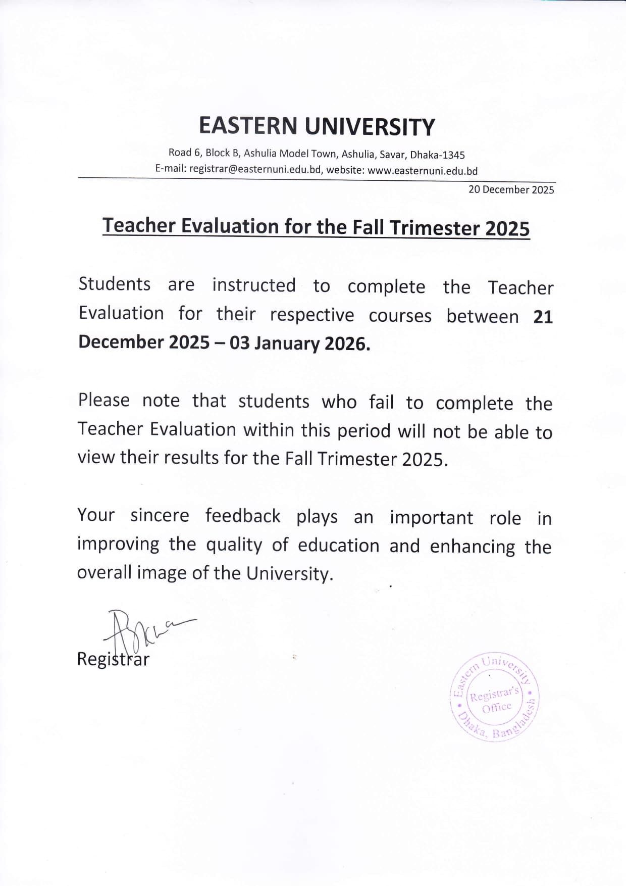 Teacher Evaluation for the Fall Trimester 2025