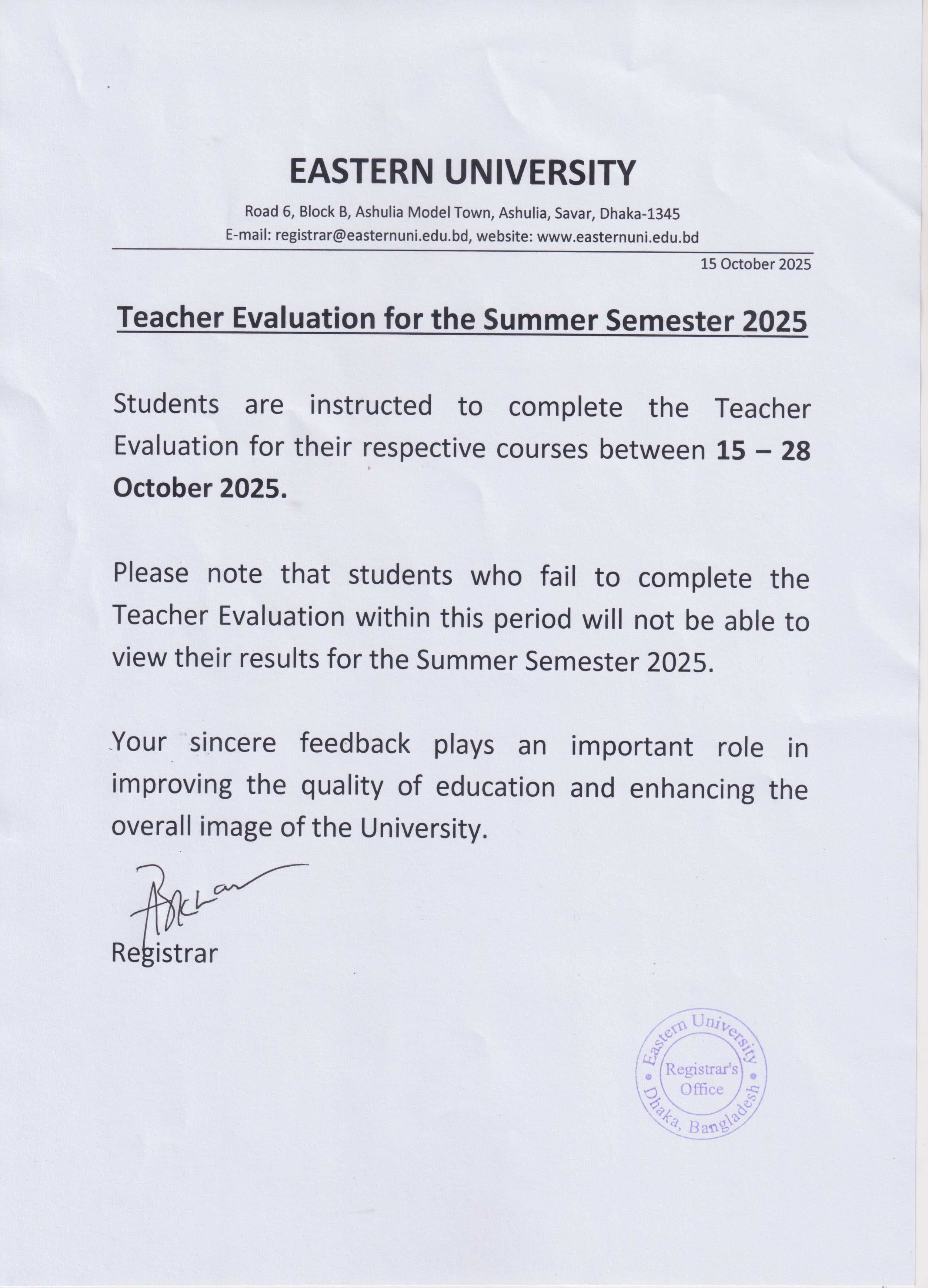 Teacher Evaluation for the Summer Semester 2025 (Law and Pharmacy)