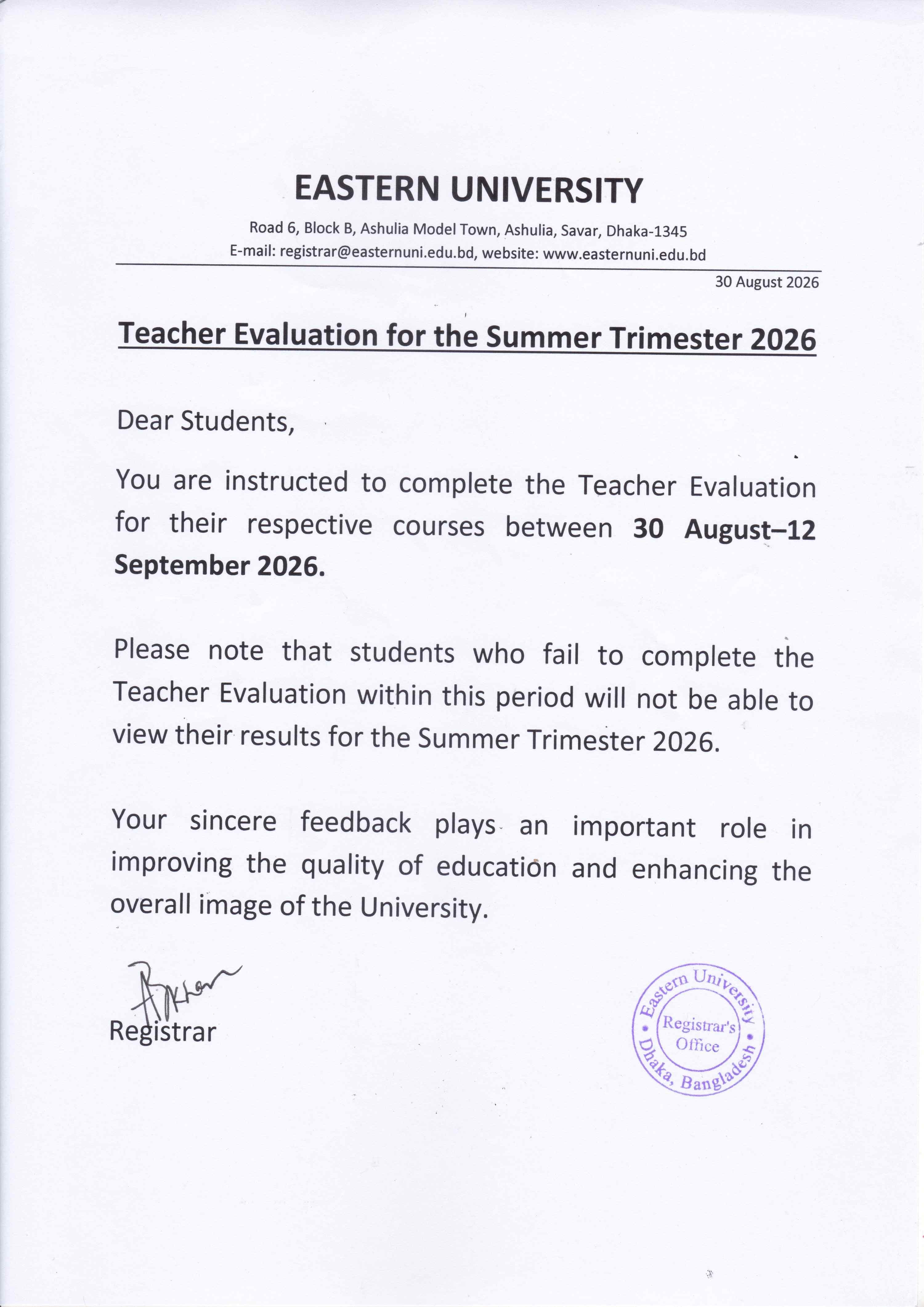 Teacher Evaluation for the Summer Trimester 2026 (Arts, Business and Engineering)
