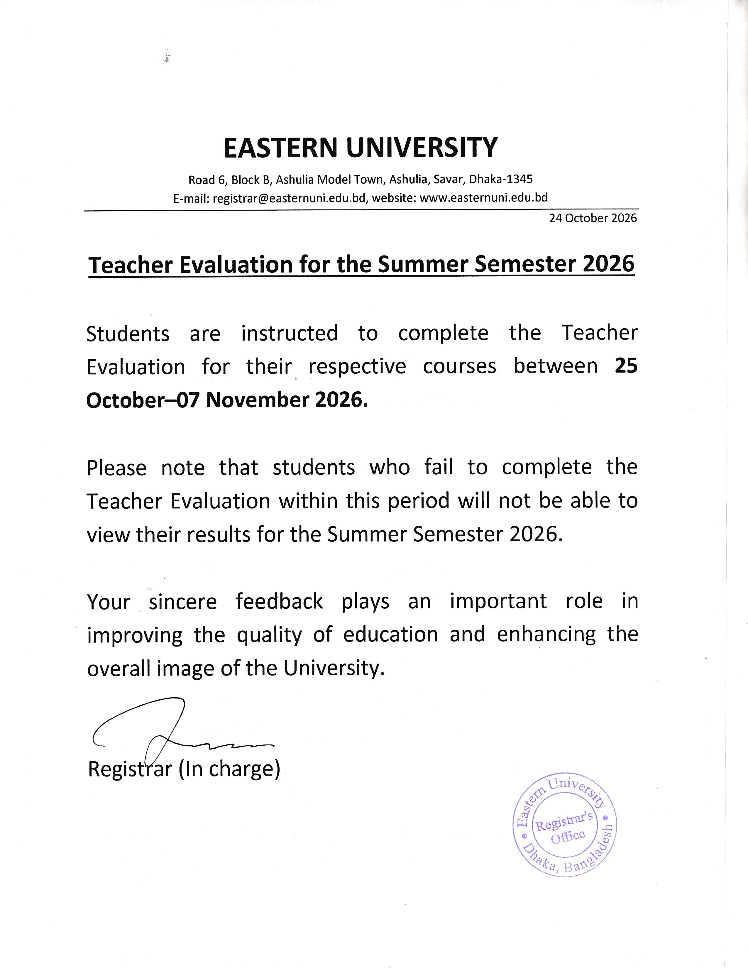Notice Regarding Completion of Teacher Evaluation for Summer Semester 2026