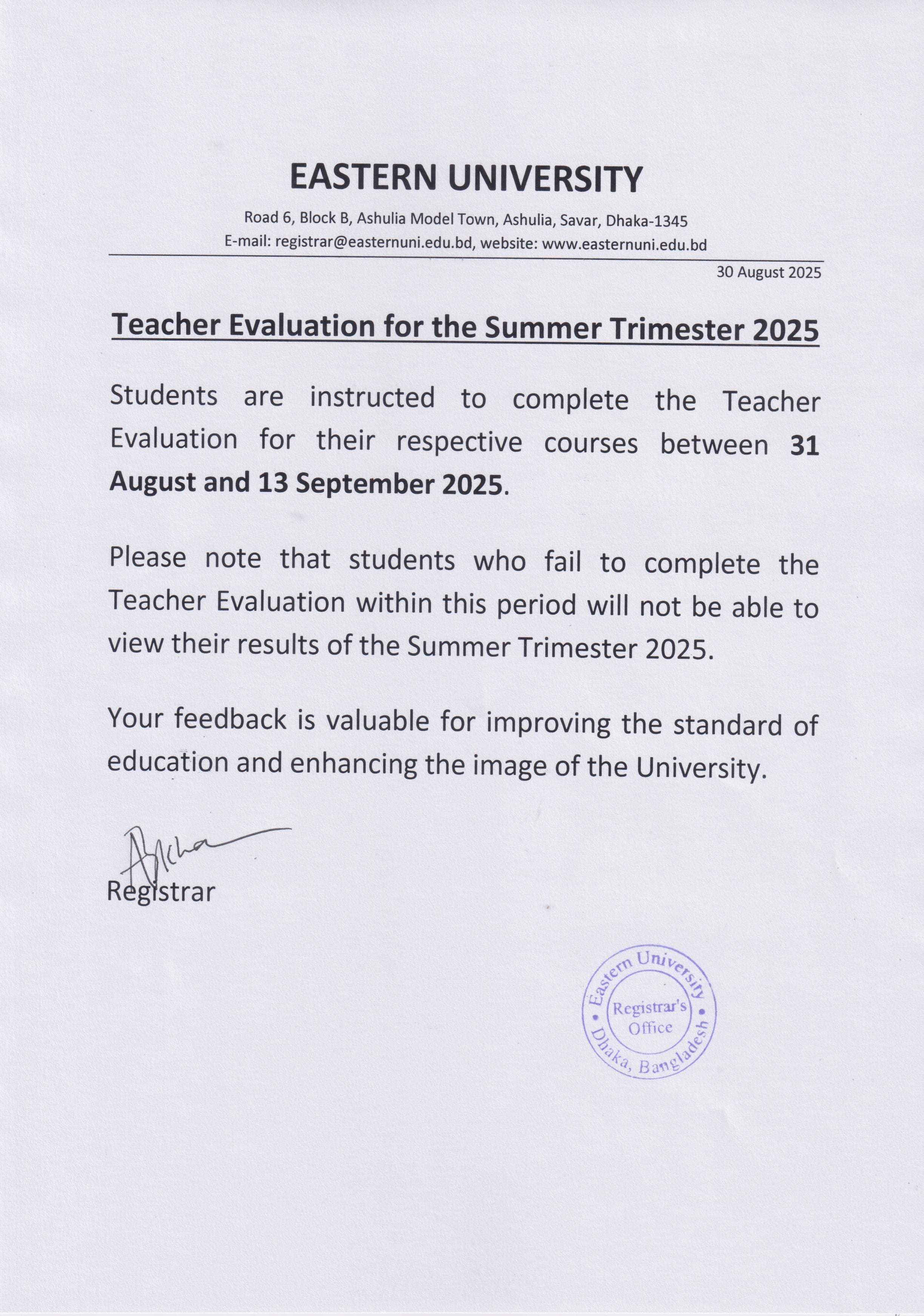 Teacher Evaluation for the Summer Trimester 2025