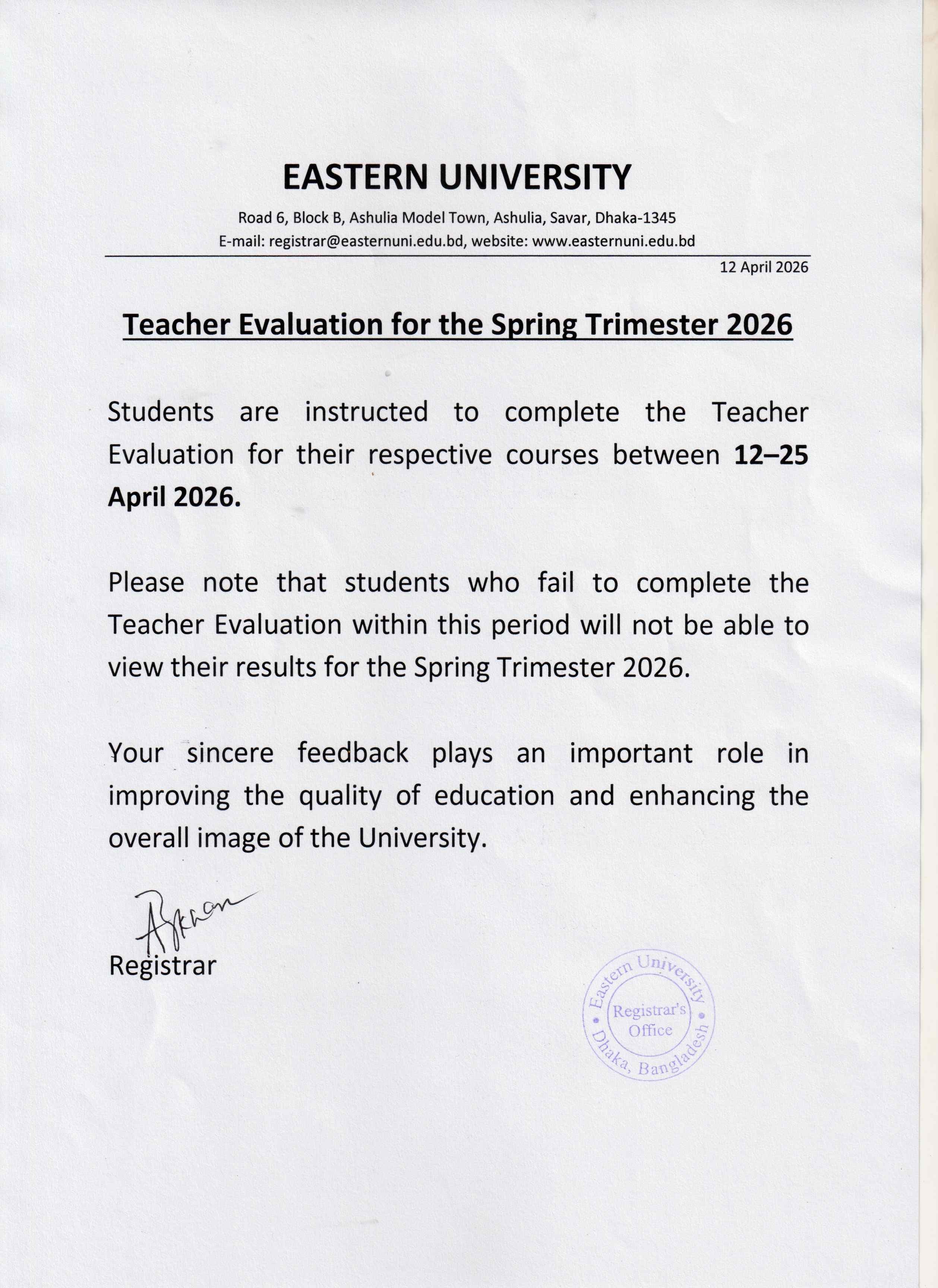 Teacher Evaluation for the Spring Trimester 2026