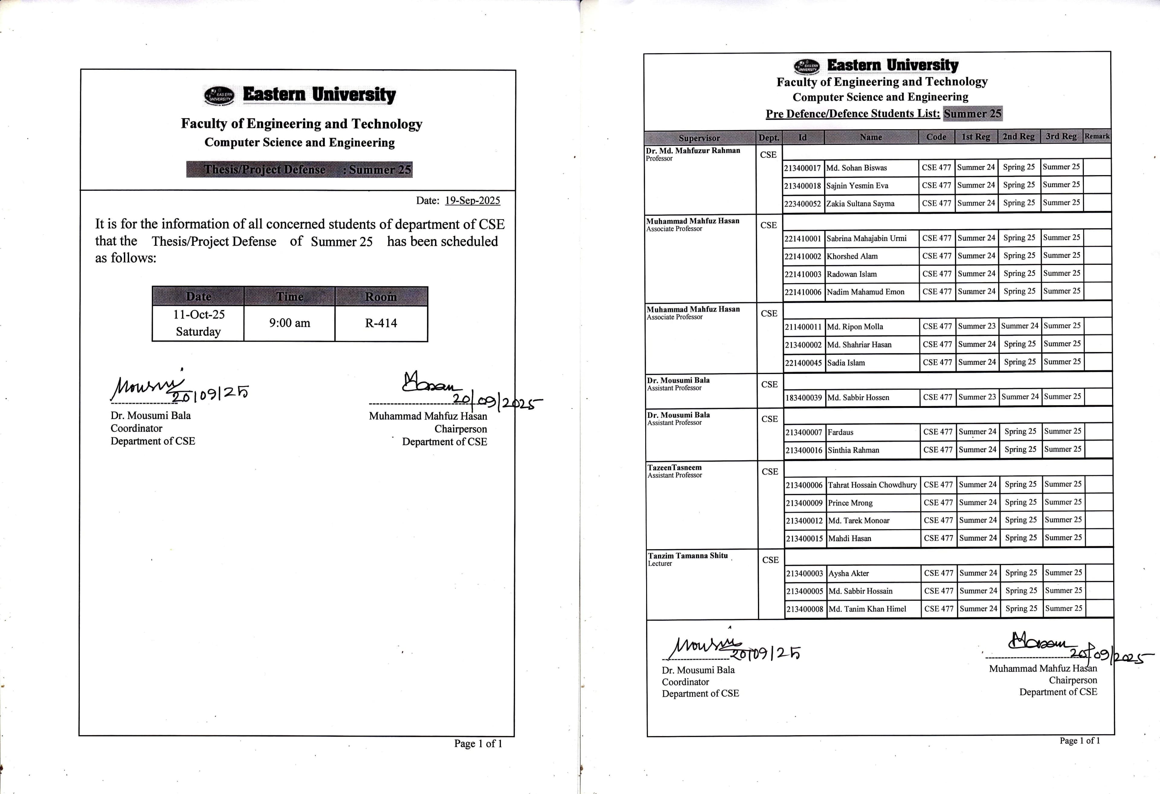 Thesis/Project Defence Schedule: Summer -2025, Department of CSE